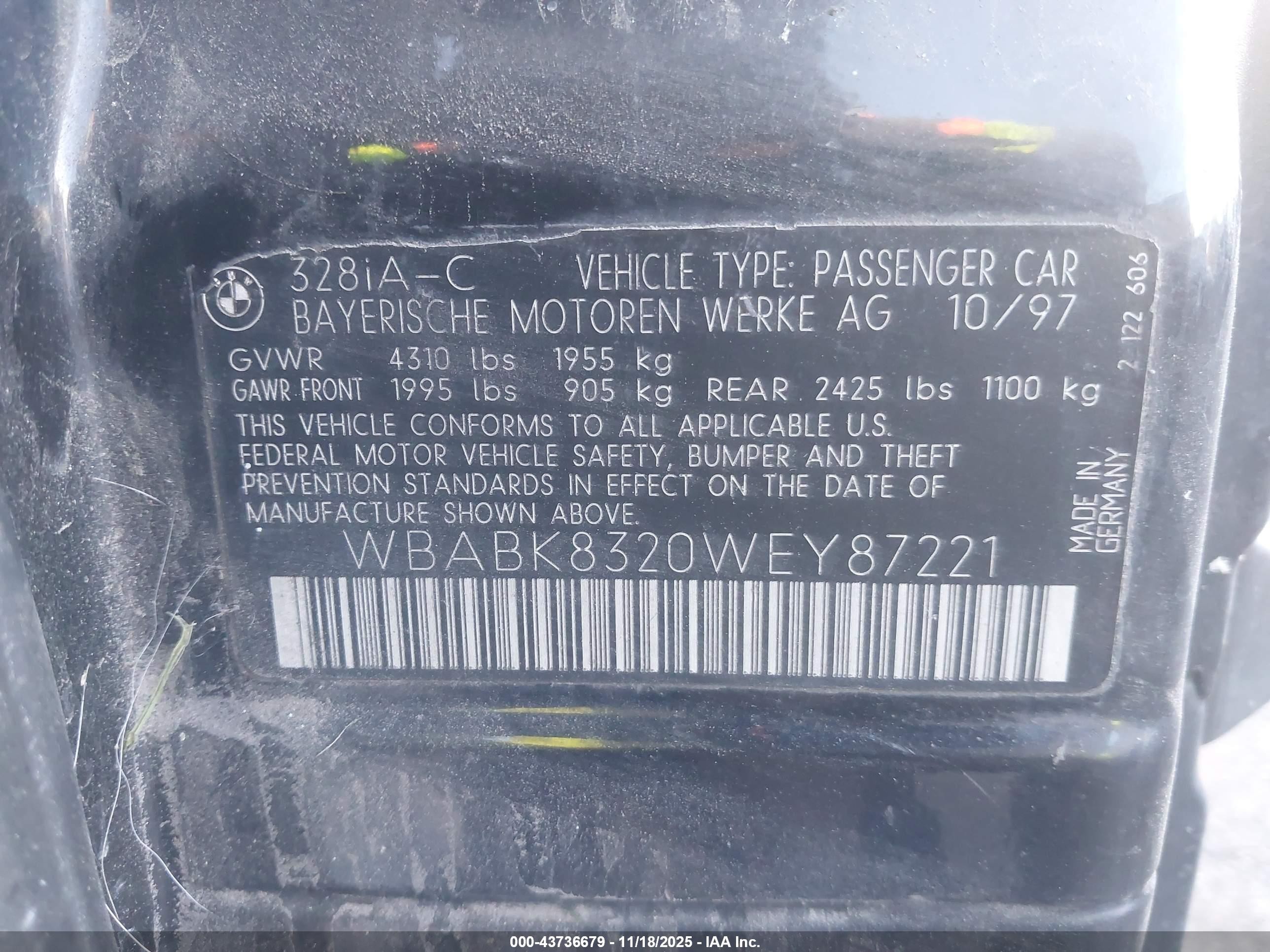 1998 Bmw 328ic   Black vin: WBABK8320WEY87221