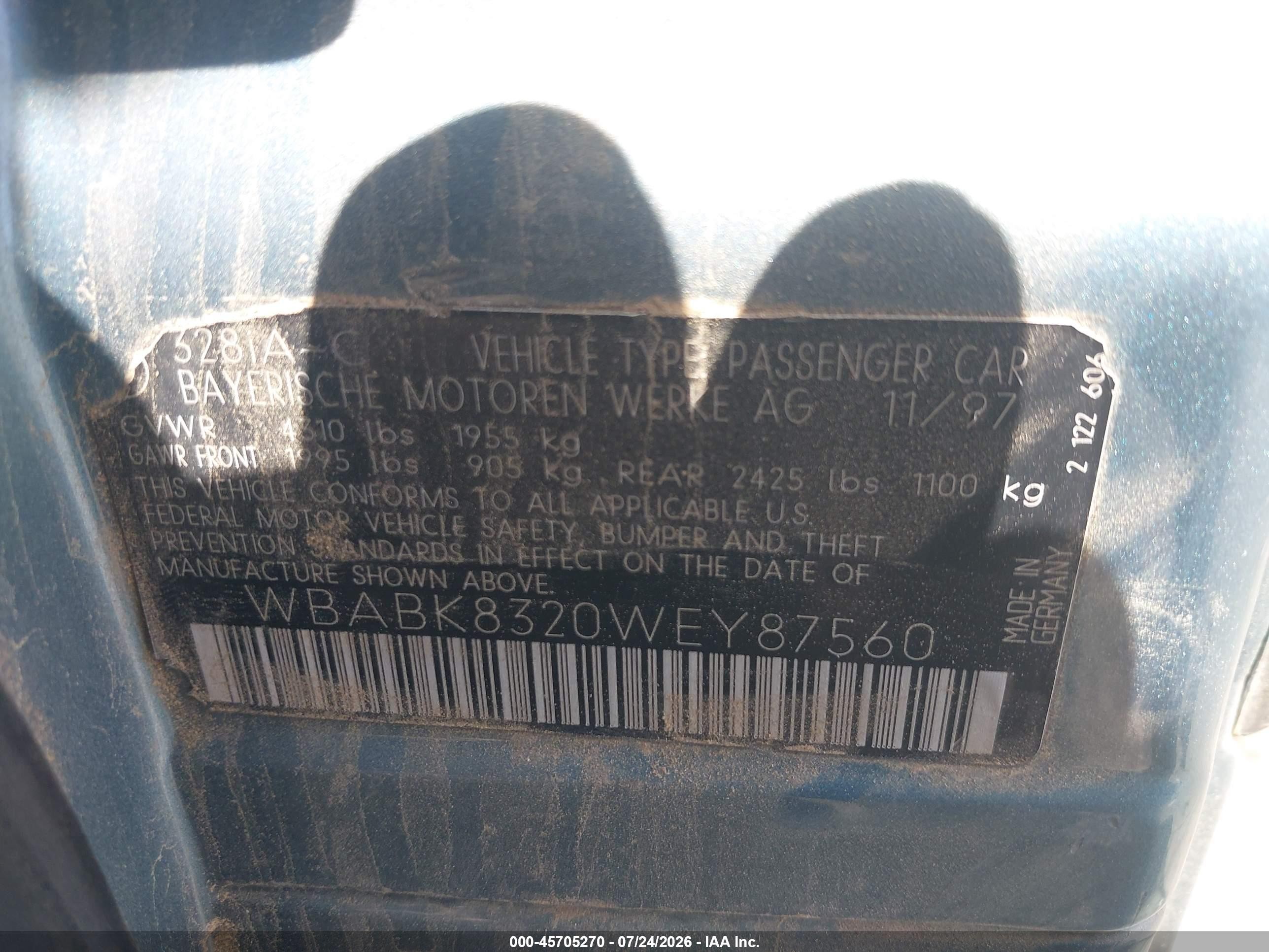 1998 Bmw 328ic   Blue vin: WBABK8320WEY87560