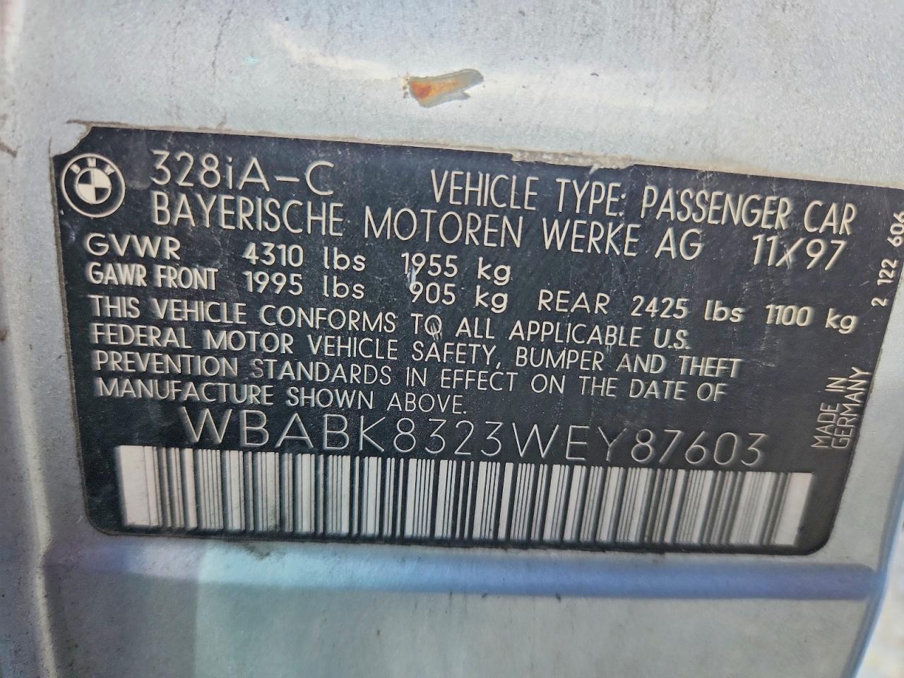 1998 Bmw 328 Ic Automatic Silver vin: WBABK8323WEY87603