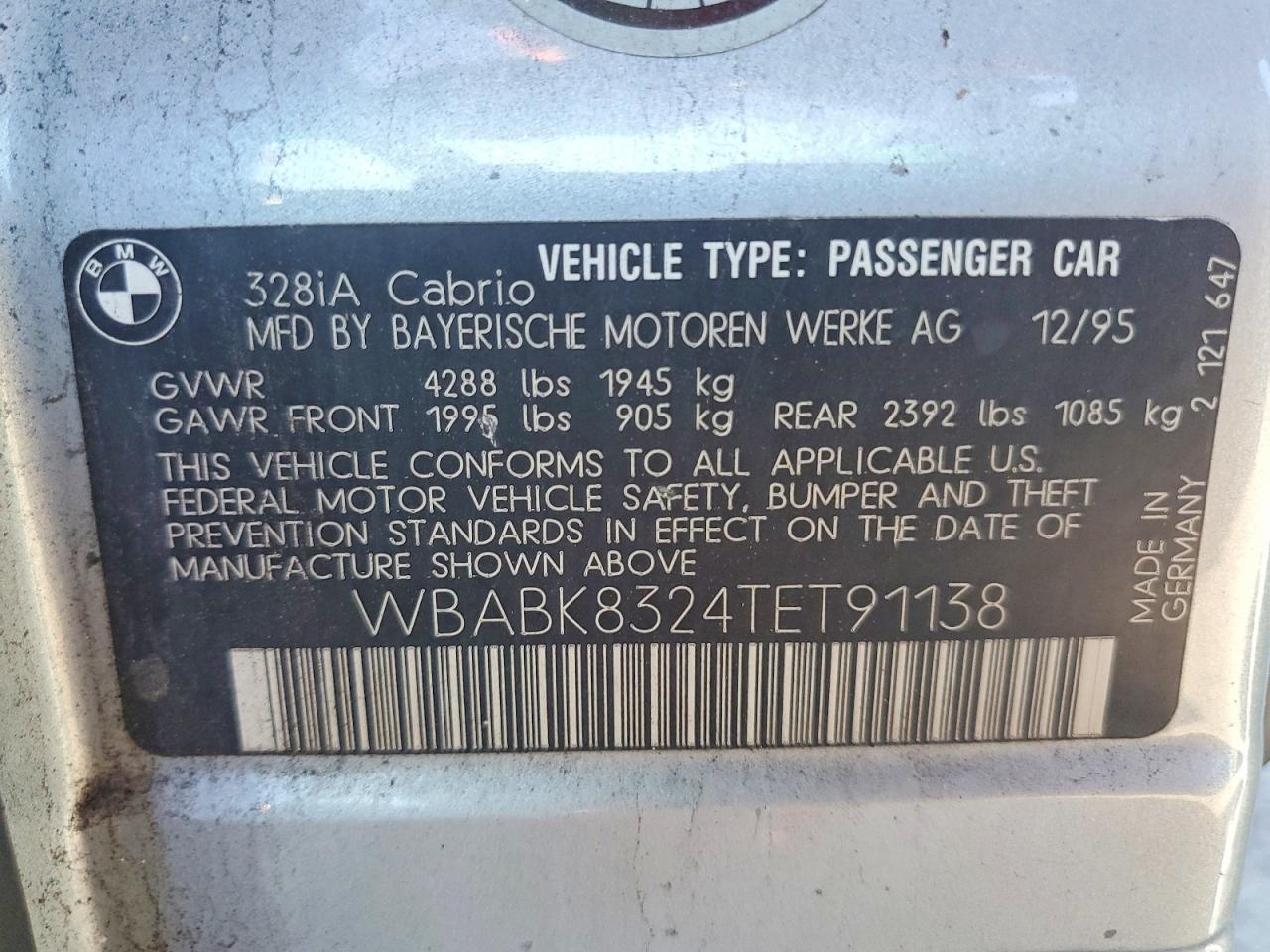 1996 Bmw 328 Ic Automatic Silver vin: WBABK8324TET91138