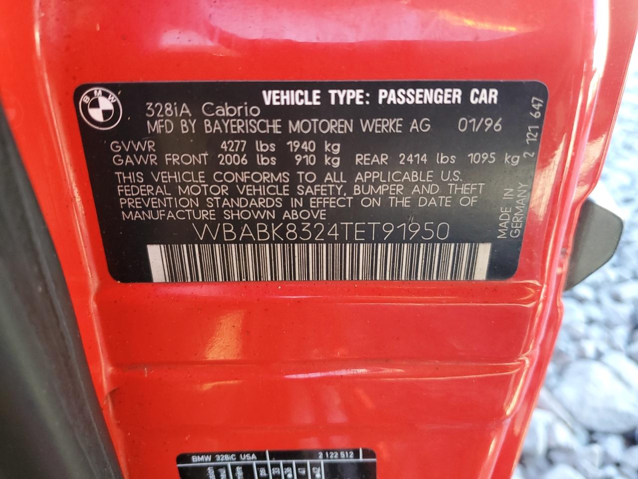 1996 Bmw 328 Ic Automatic Red vin: WBABK8324TET91950