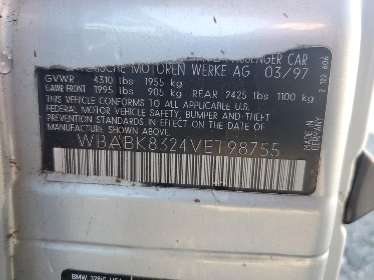 1997 Bmw 328 Ic Automatic Silver vin: WBABK8324VET98755