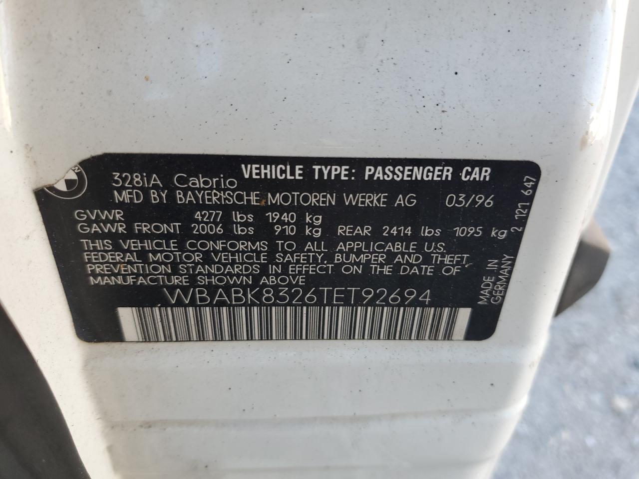 1996 Bmw 328 Ic Automatic White vin: WBABK8326TET92694