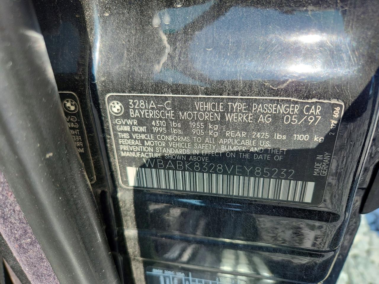 1997 Bmw 328 Ic Automatic Black vin: WBABK8328VEY85232