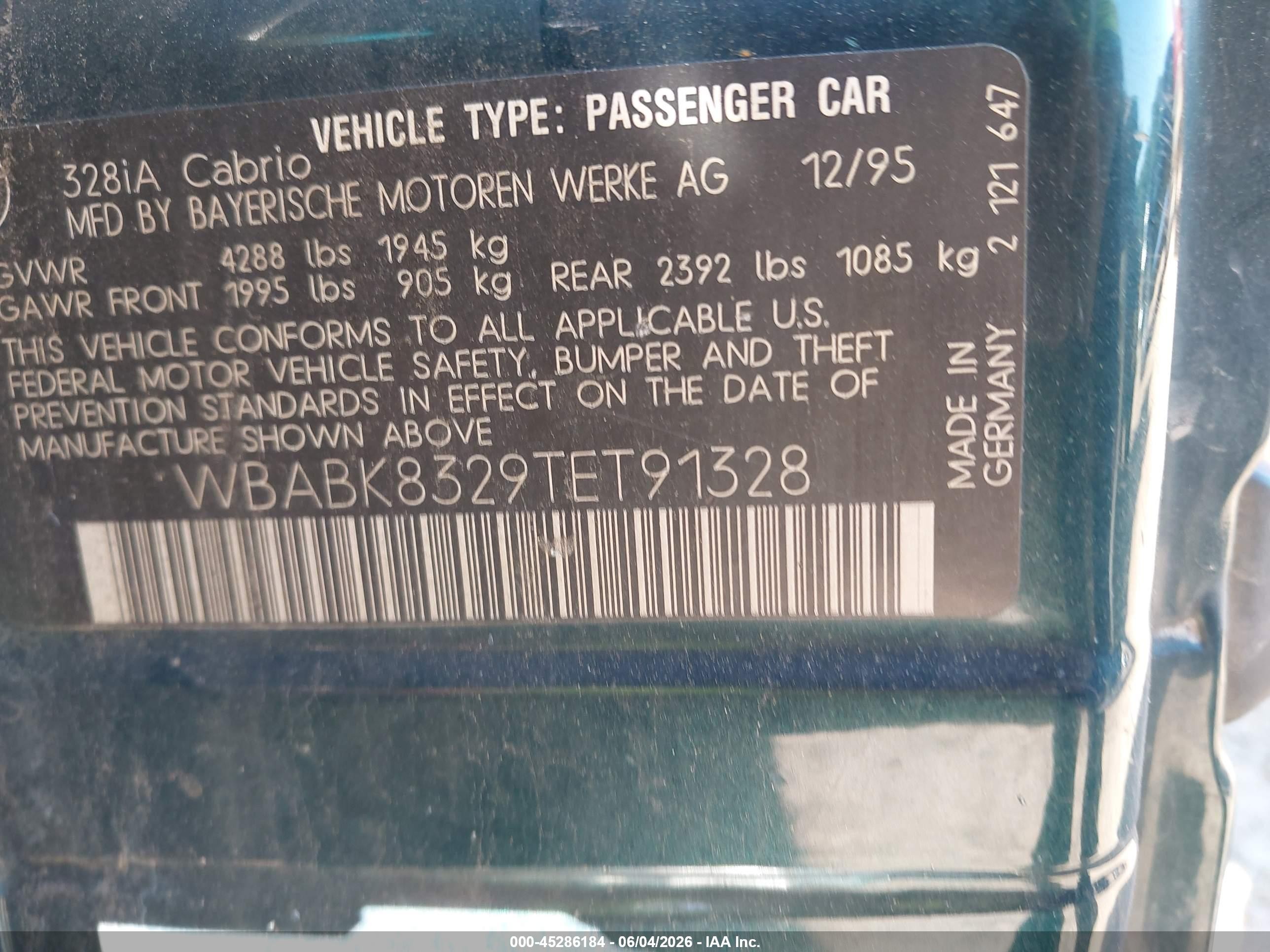 1996 Bmw 328 Ic Automatic Green vin: WBABK8329TET91328