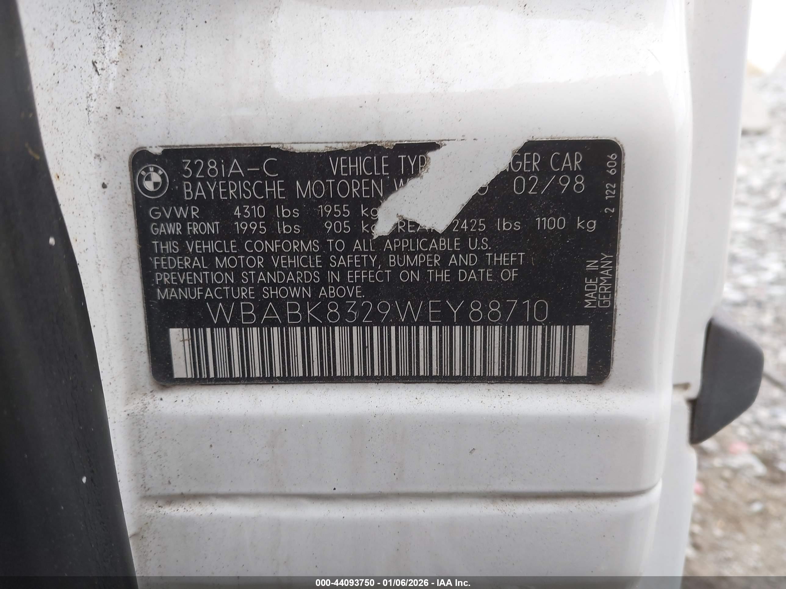 1998 Bmw 328ic   White vin: WBABK8329WEY88710