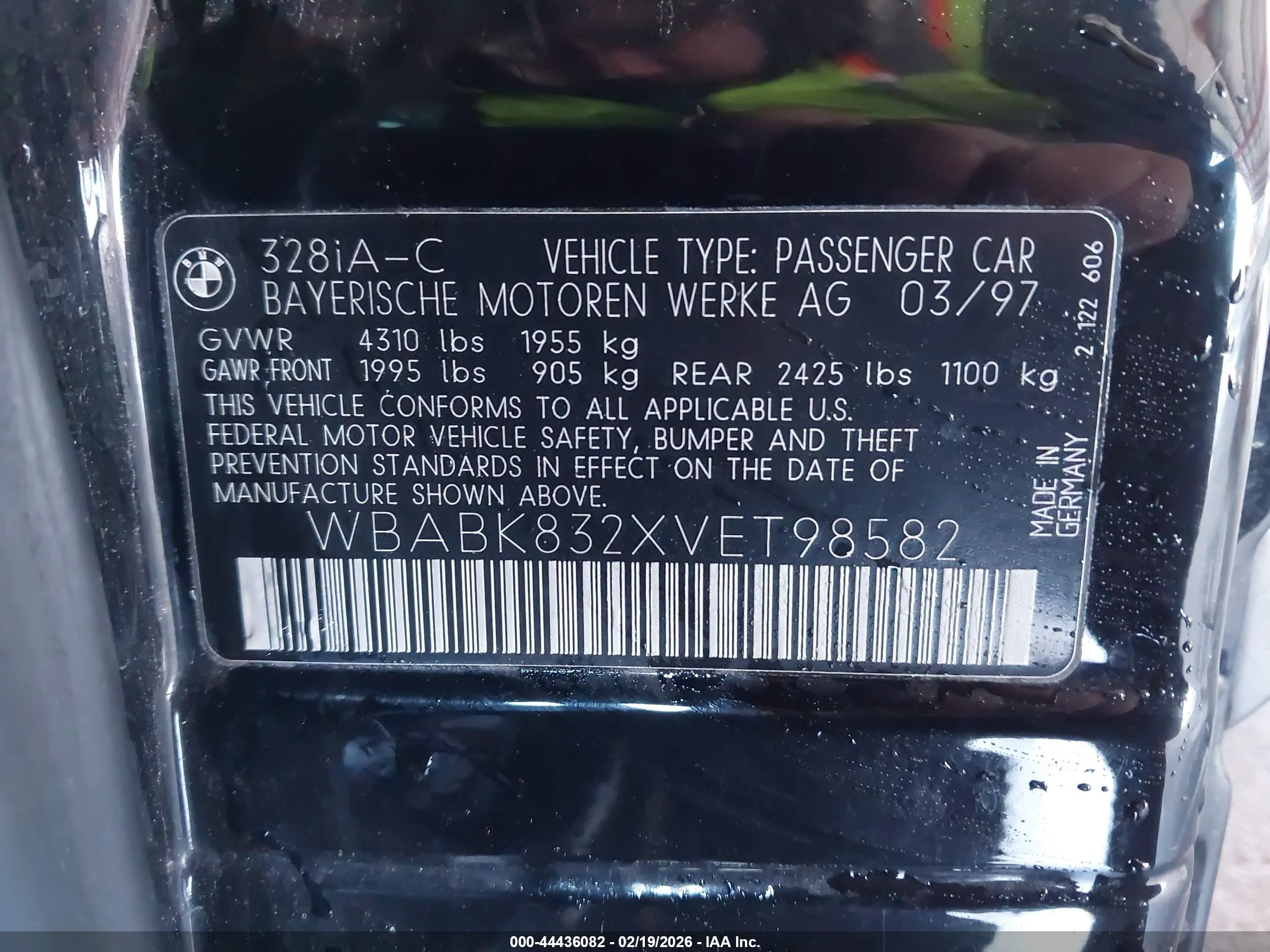 1997 Bmw 328ic   Black vin: WBABK832XVET98582