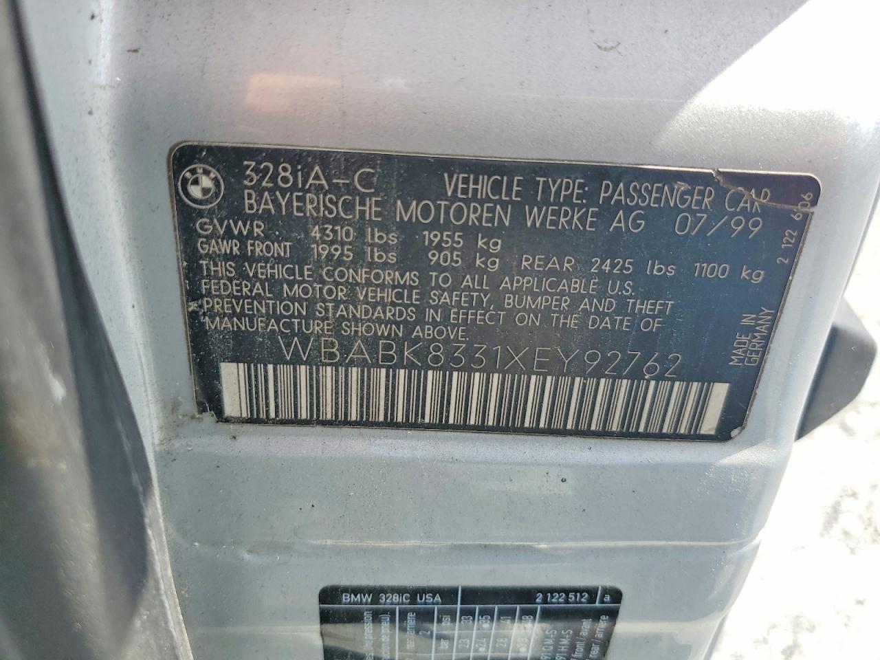 1999 Bmw 328 Ic Automatic Silver vin: WBABK8331XEY92762