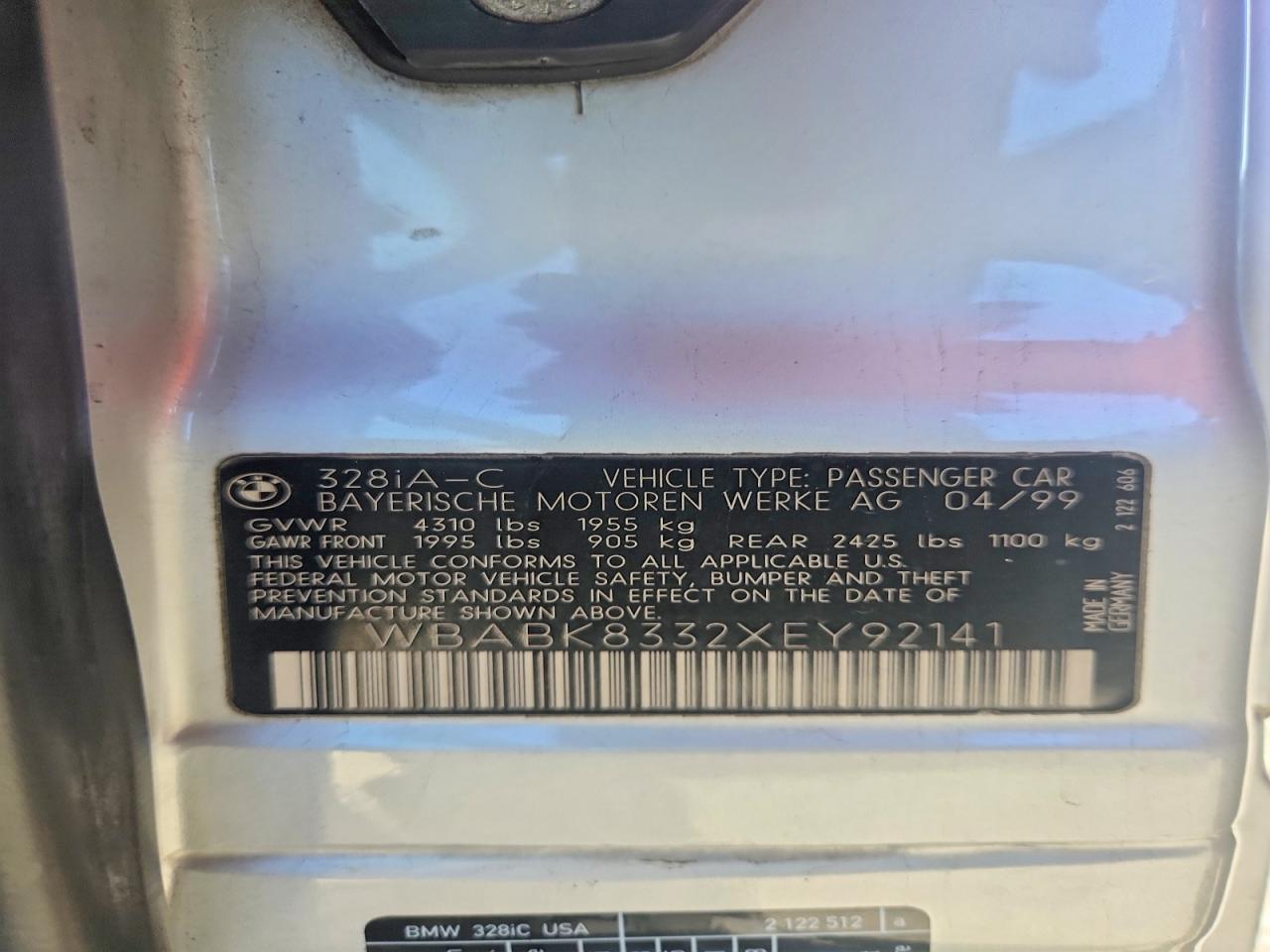 1999 Bmw 328 Ic Automatic Silver vin: WBABK8332XEY92141