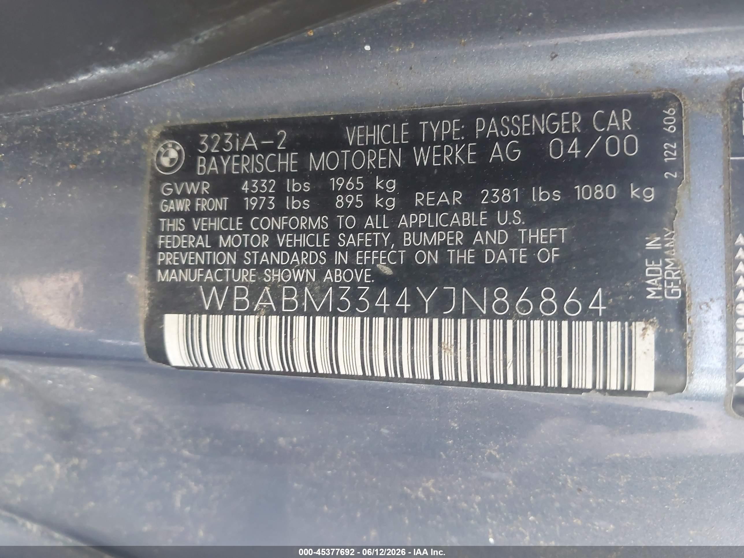 2000 Bmw 323ci   Blue vin: WBABM3344YJN86864