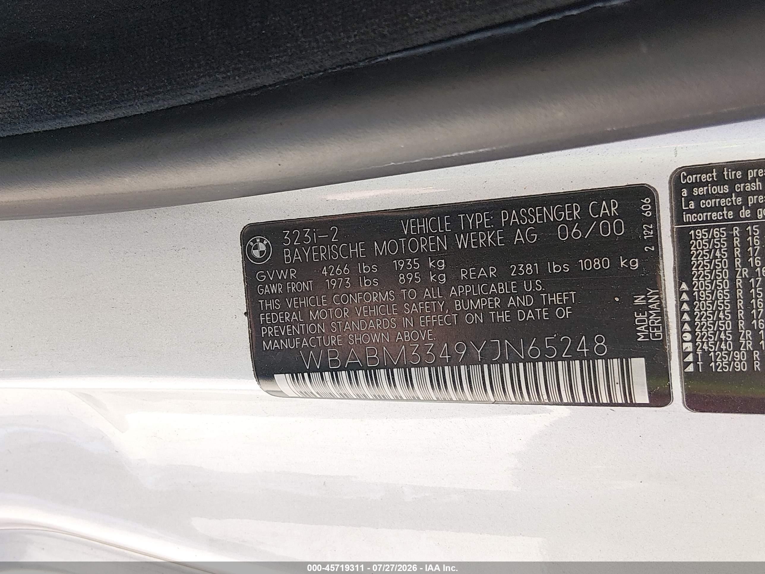 2000 Bmw 323ci   Gray vin: WBABM3349YJN65248
