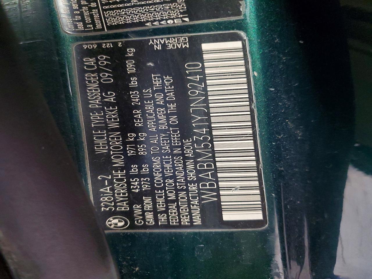 2000 Bmw 328 Ci Green vin: WBABM5341YJN92410