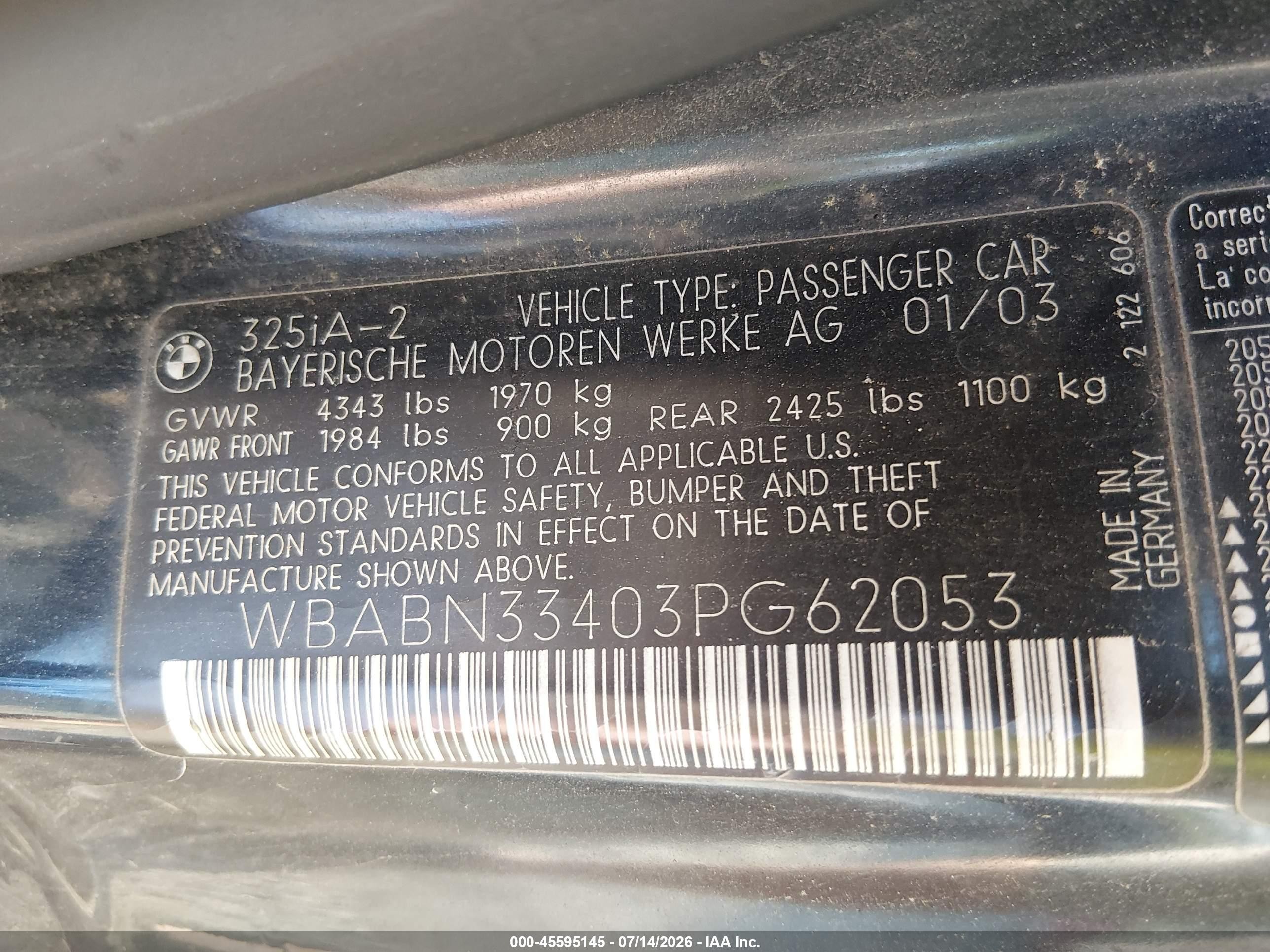 2003 Bmw 3 Series 325ci Black vin: WBABN33403PG62053