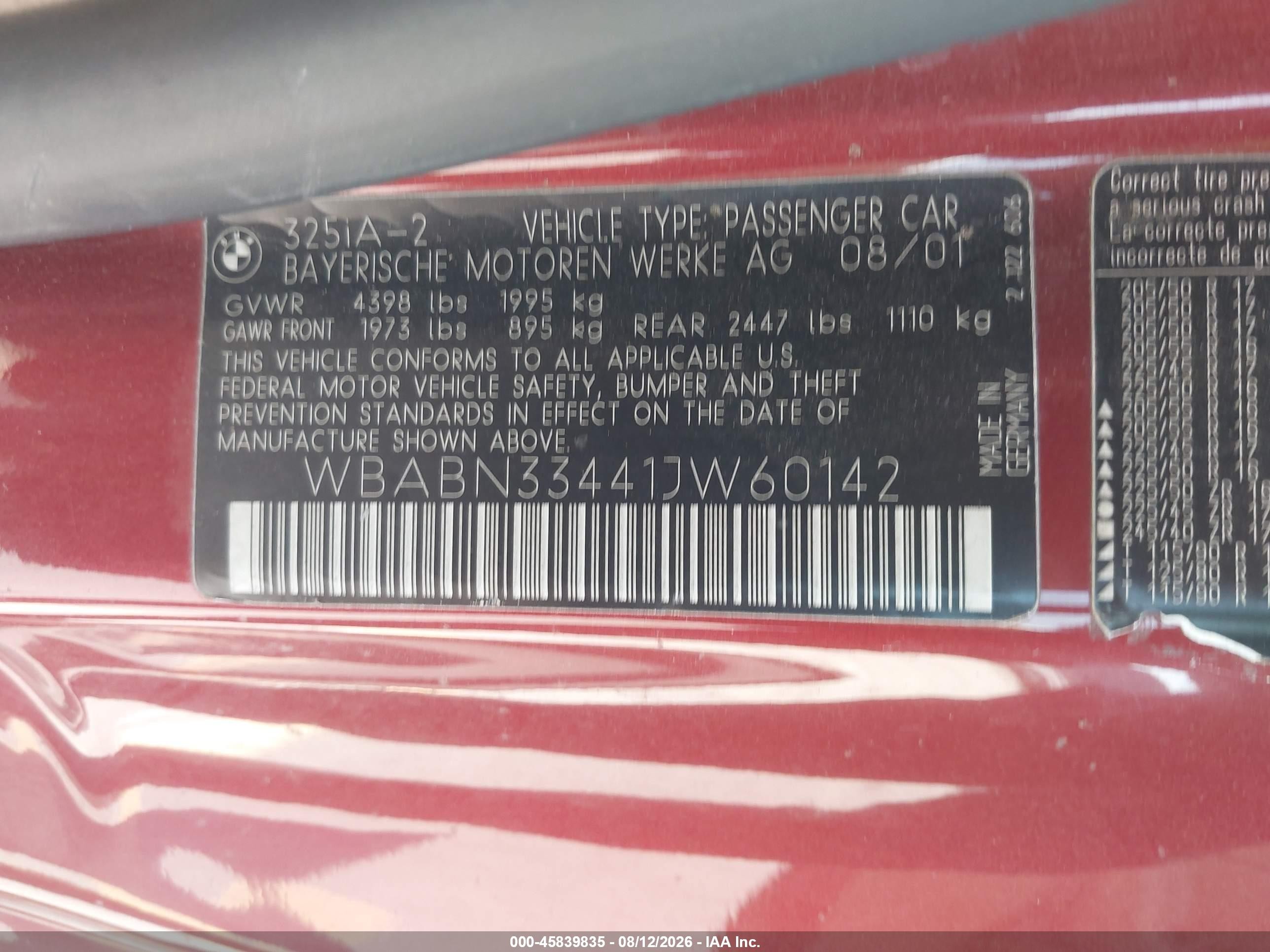2001 Bmw 325ci   Red vin: WBABN33441JW60142