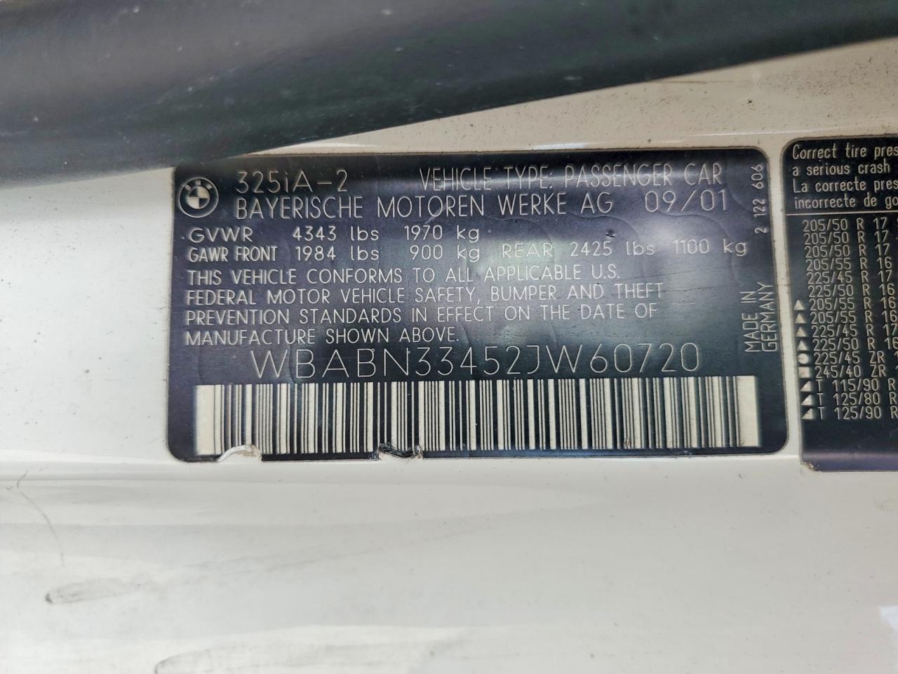 2002 Bmw 325 Ci White vin: WBABN33452JW60720