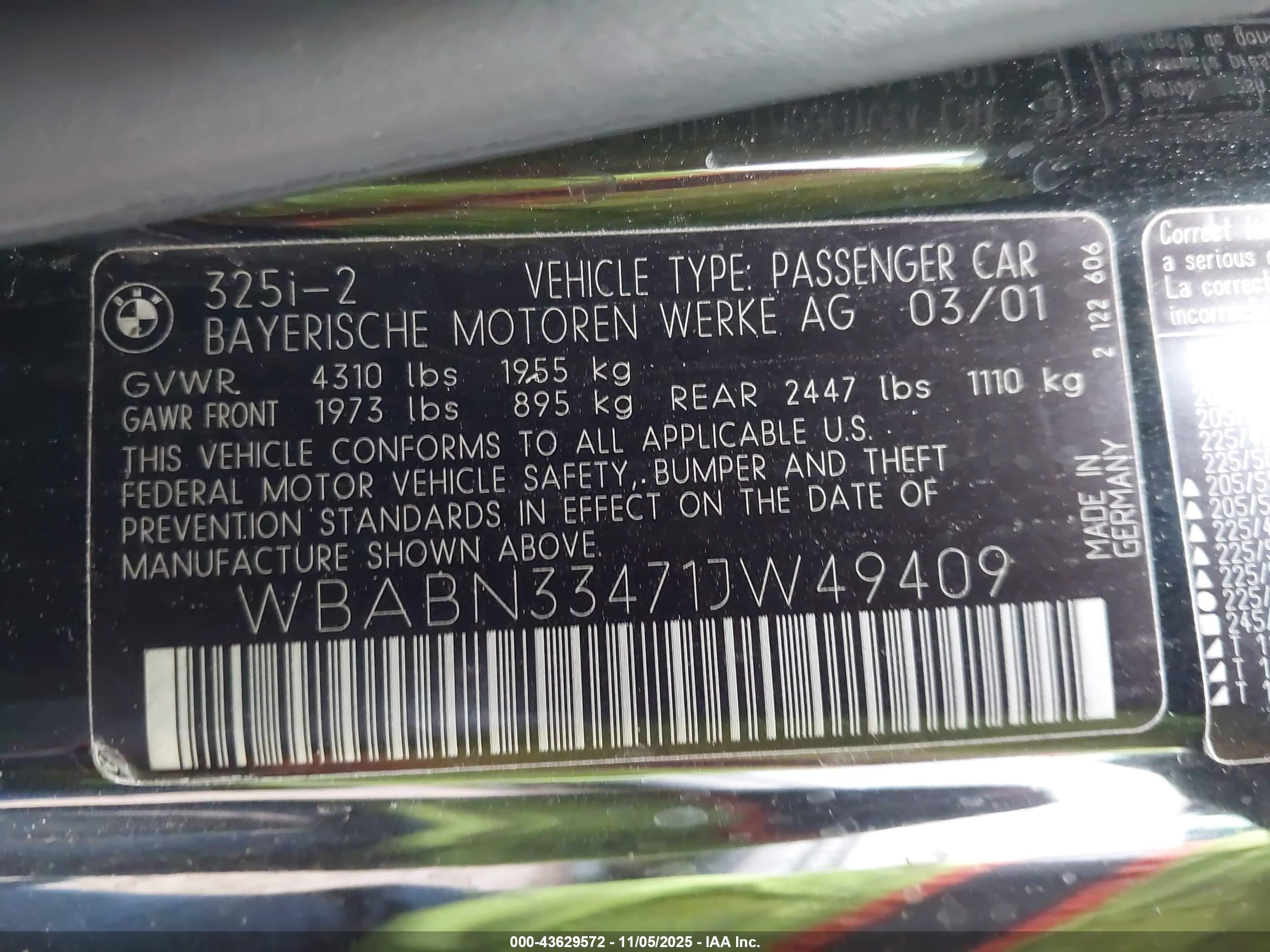 2001 Bmw 325ci   Black vin: WBABN33471JW49409