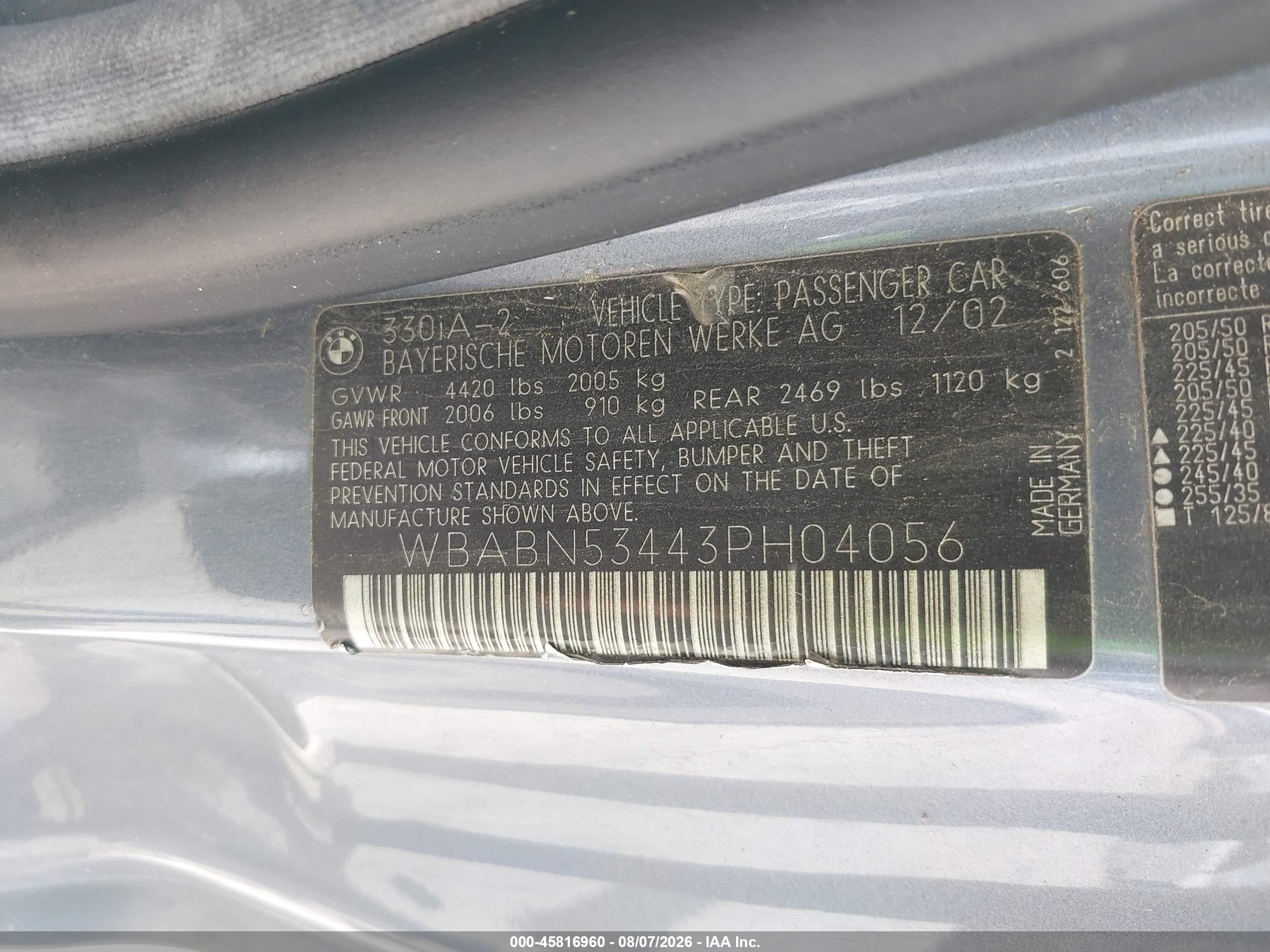 2003 Bmw 330ci   Light Blue vin: WBABN53443PH04056