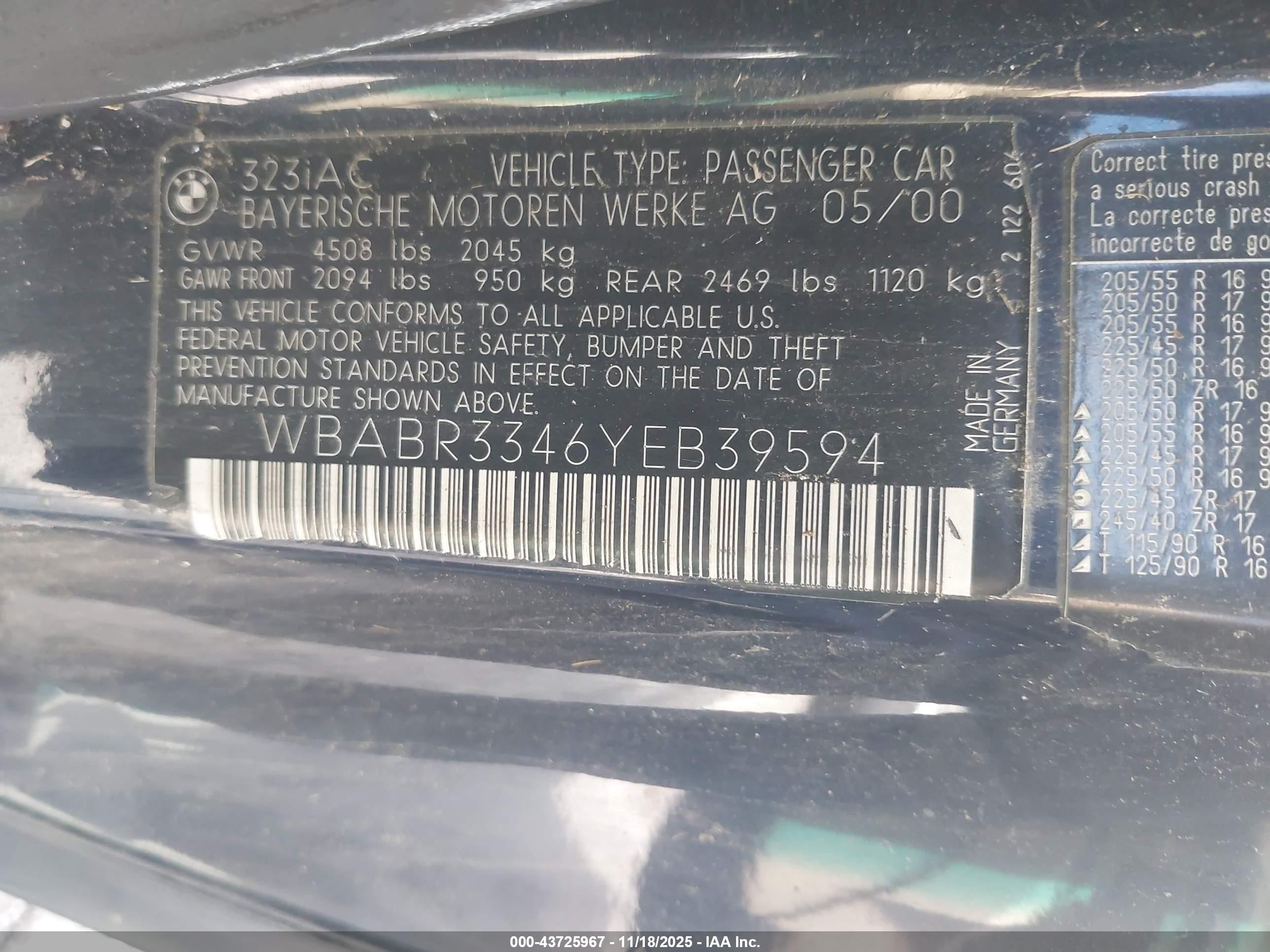 2000 Bmw 323ci   Blue vin: WBABR3346YEB39594