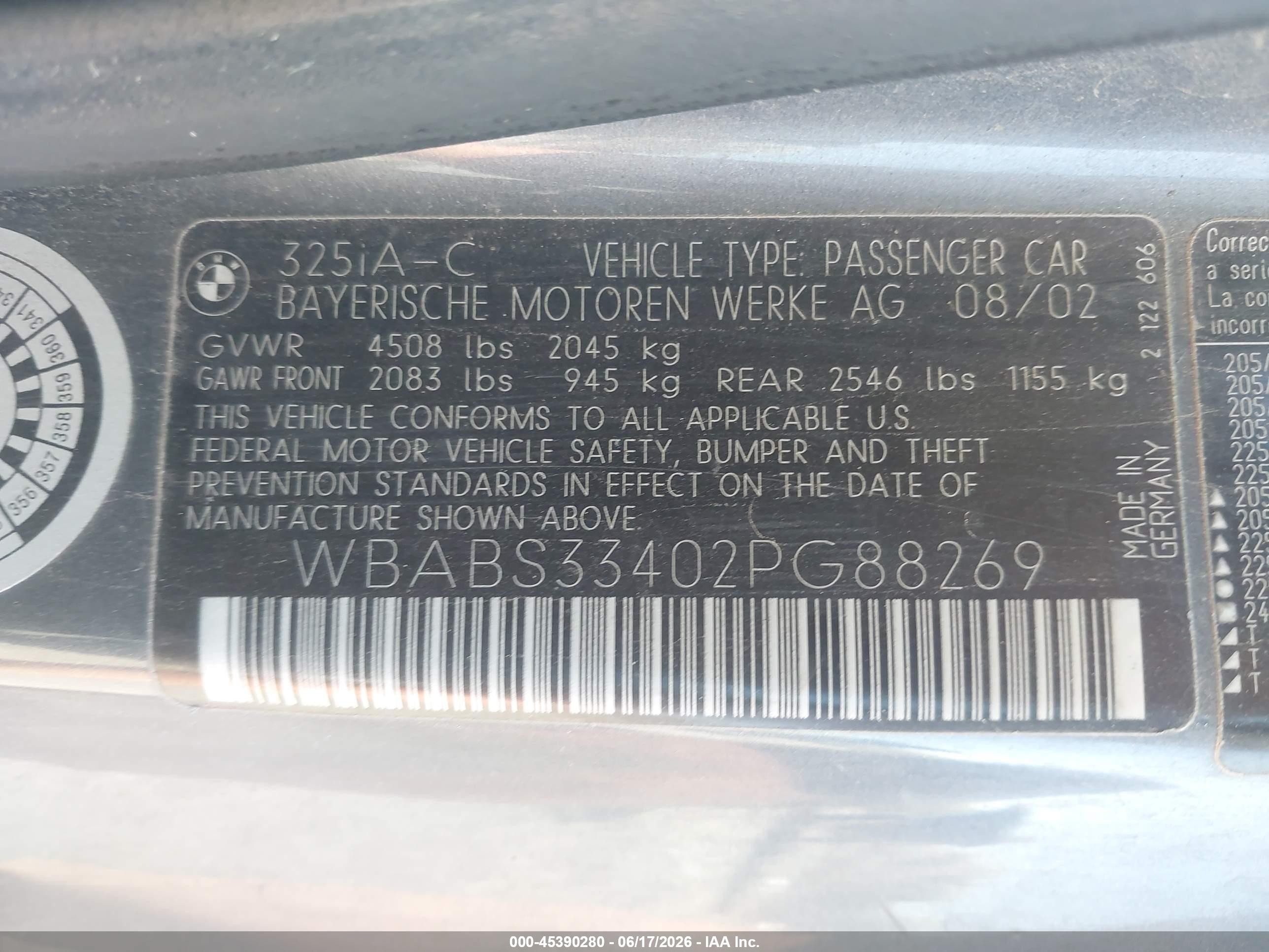 2002 Bmw 3 Series 325ci Blue vin: WBABS33402PG88269