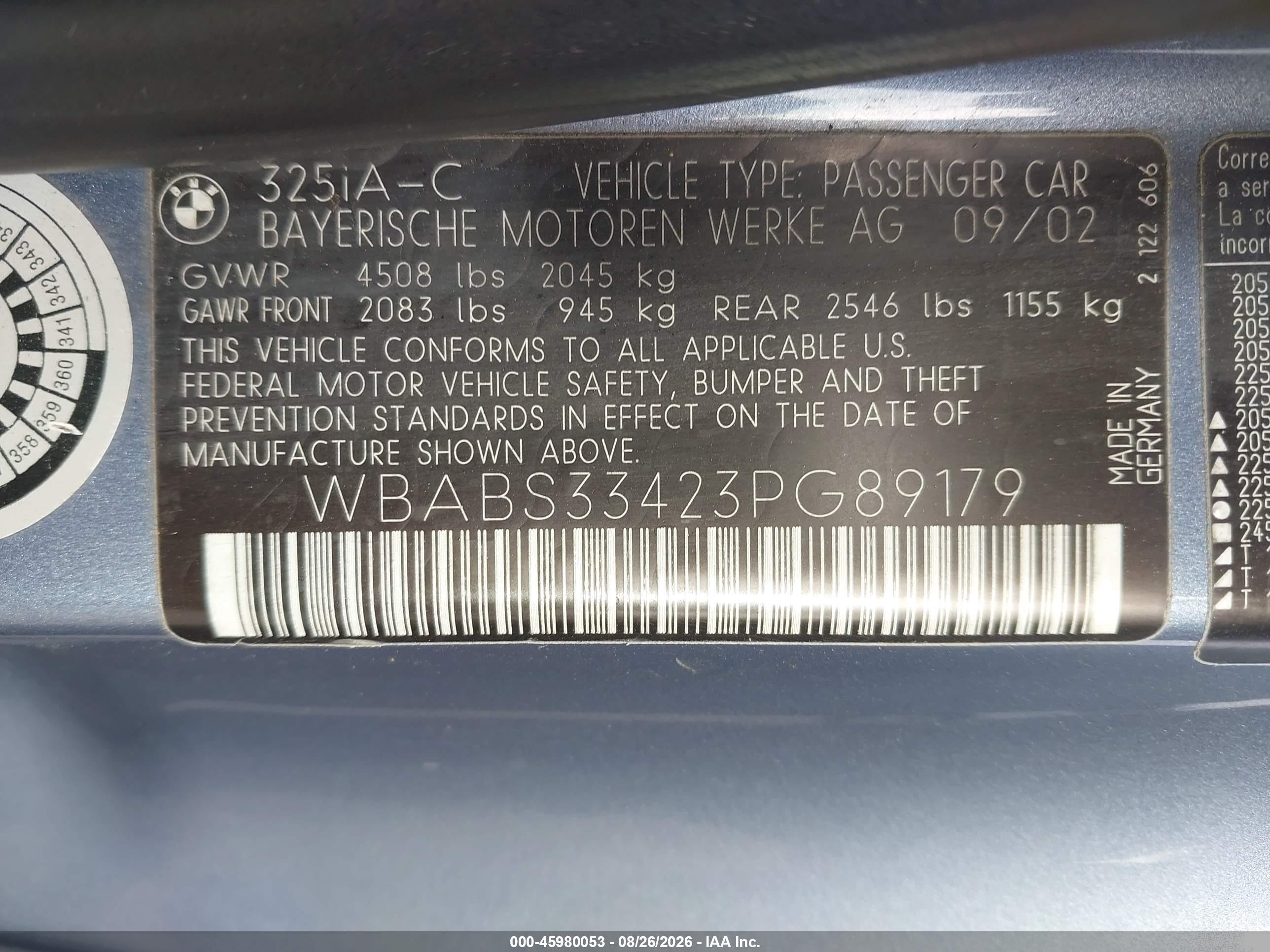 2003 Bmw 325ci   Blue vin: WBABS33423PG89179