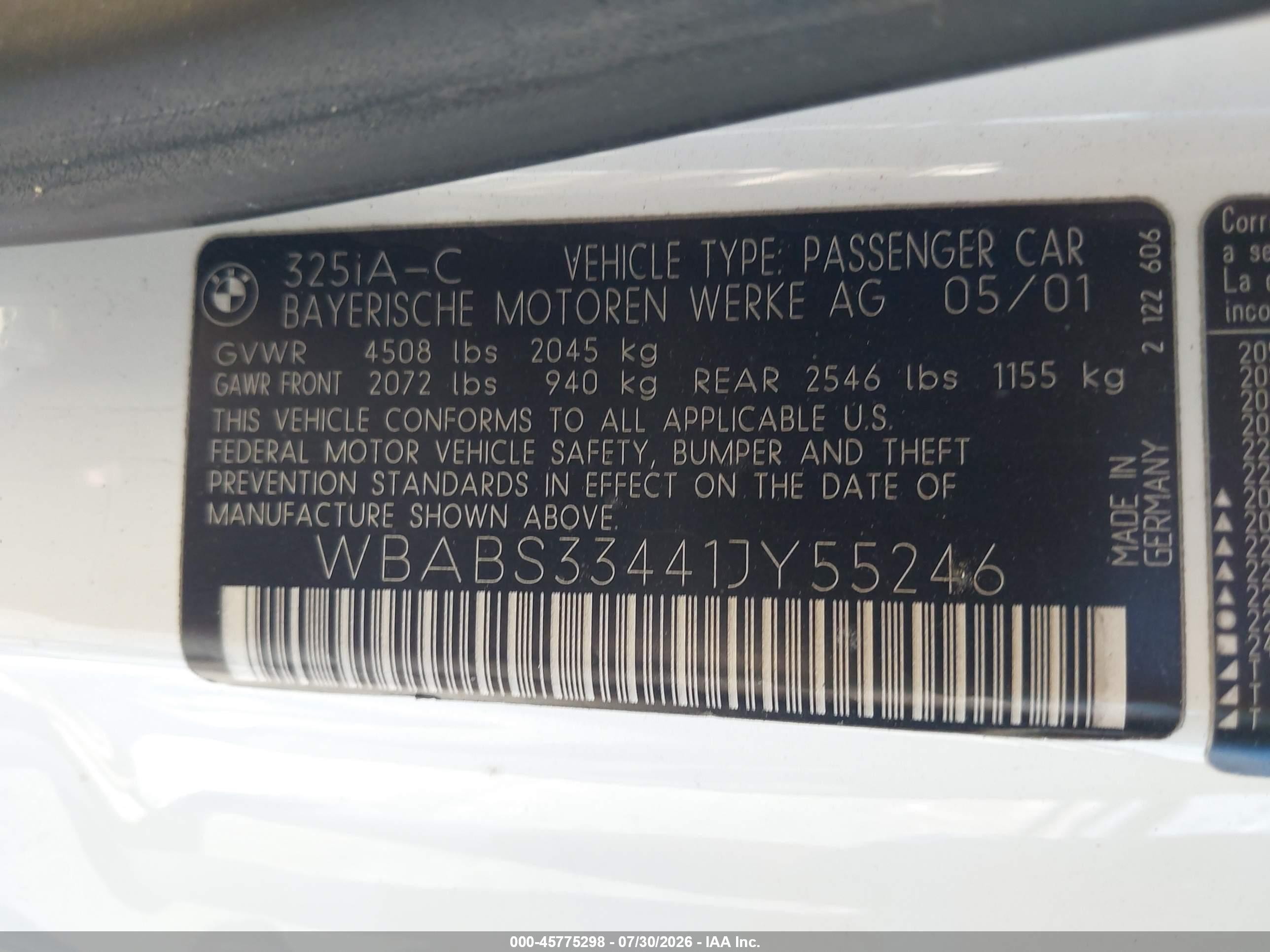 2001 Bmw 325ci   White vin: WBABS33441JY55246