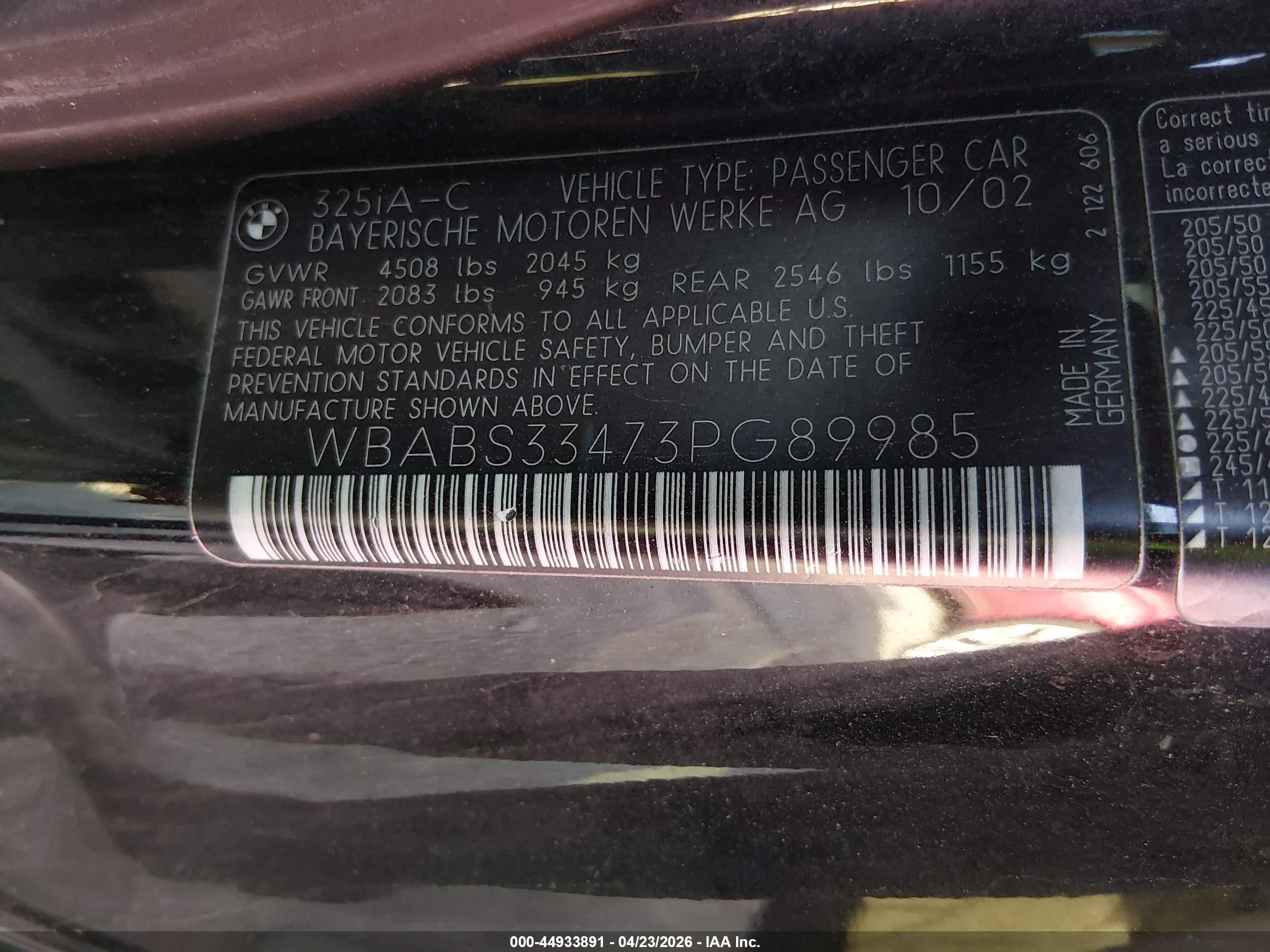 2003 Bmw 325ci   Black vin: WBABS33473PG89985