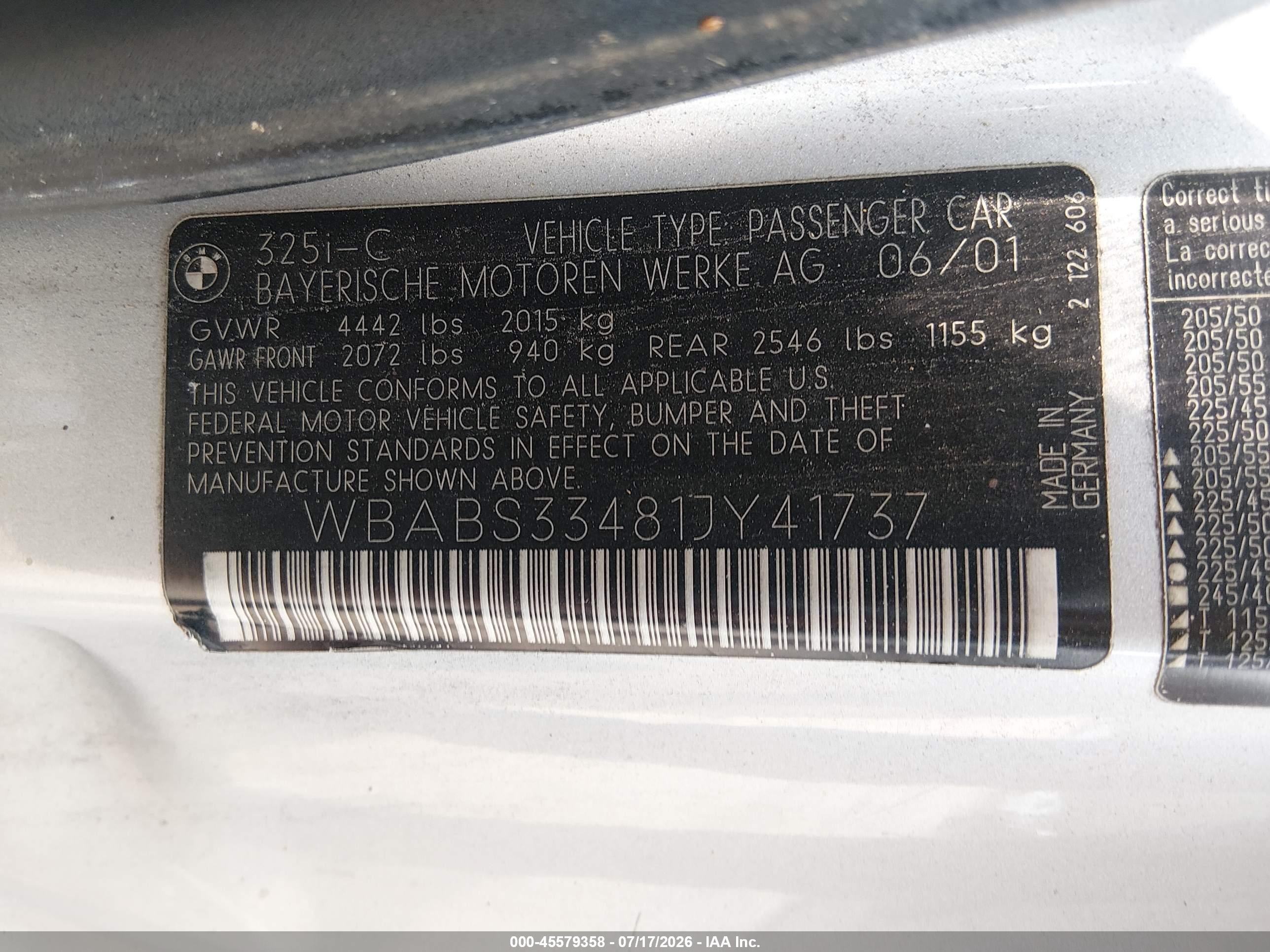 2001 Bmw 325ci   Silver vin: WBABS33481JY41737