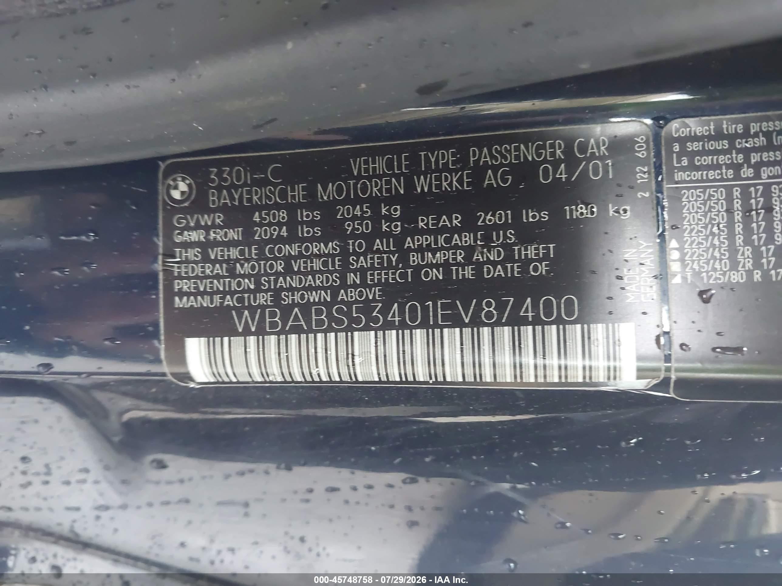 2001 Bmw 330ci Синий vin: WBABS53401EV87400
