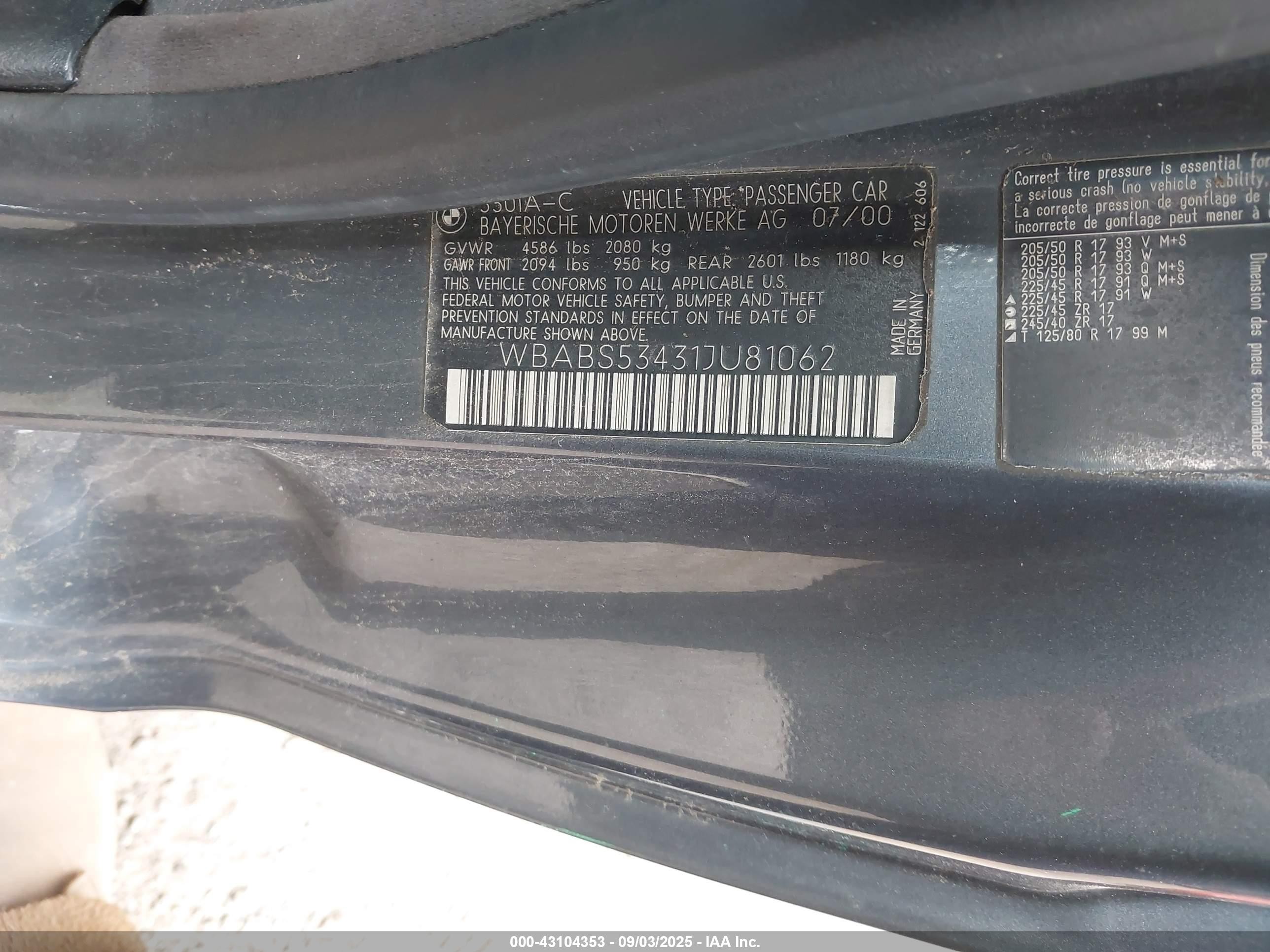2001 Bmw 330ci   Gray vin: WBABS53431JU81062