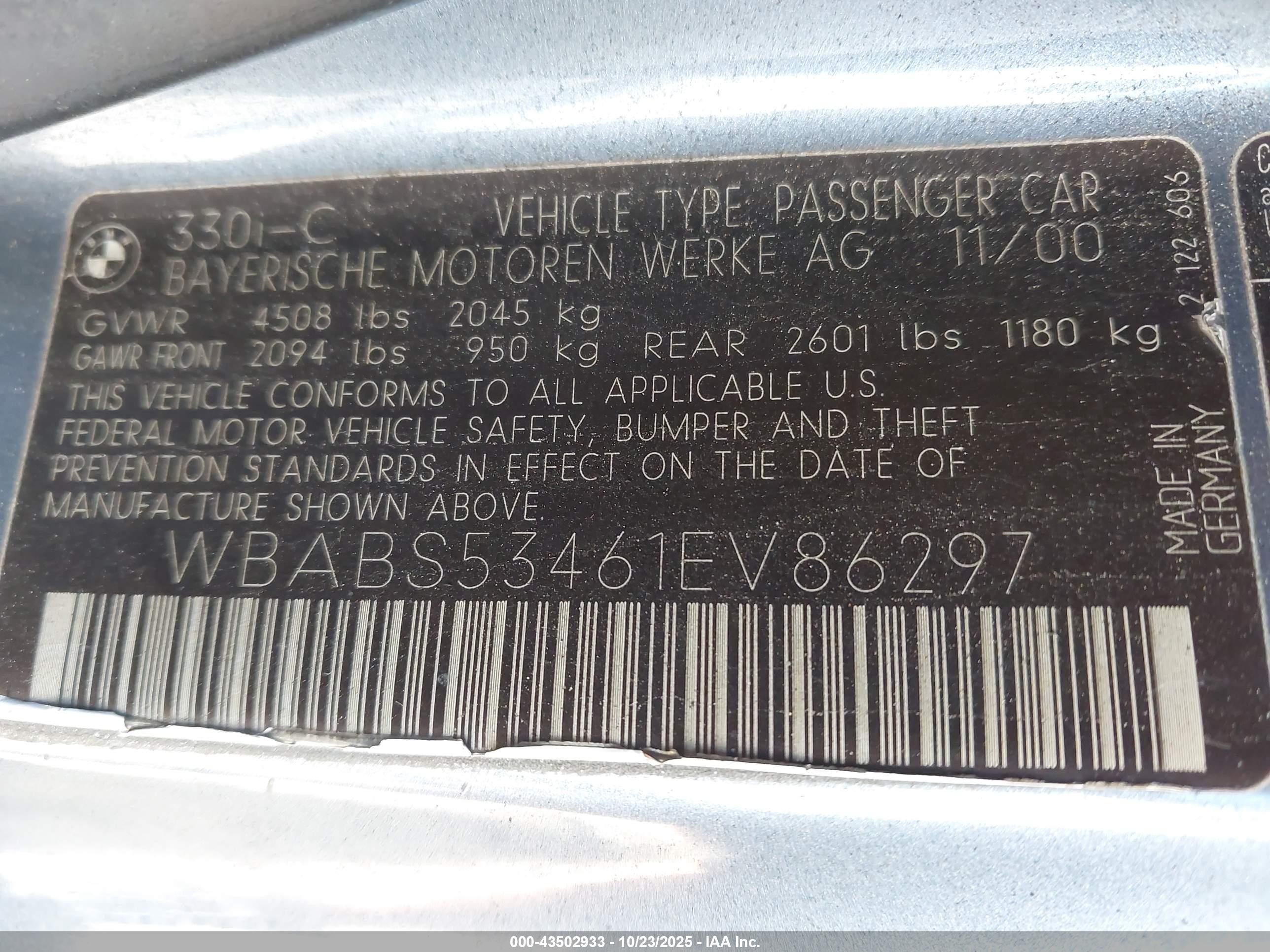 2001 Bmw 330ci   Blue vin: WBABS53461EV86297
