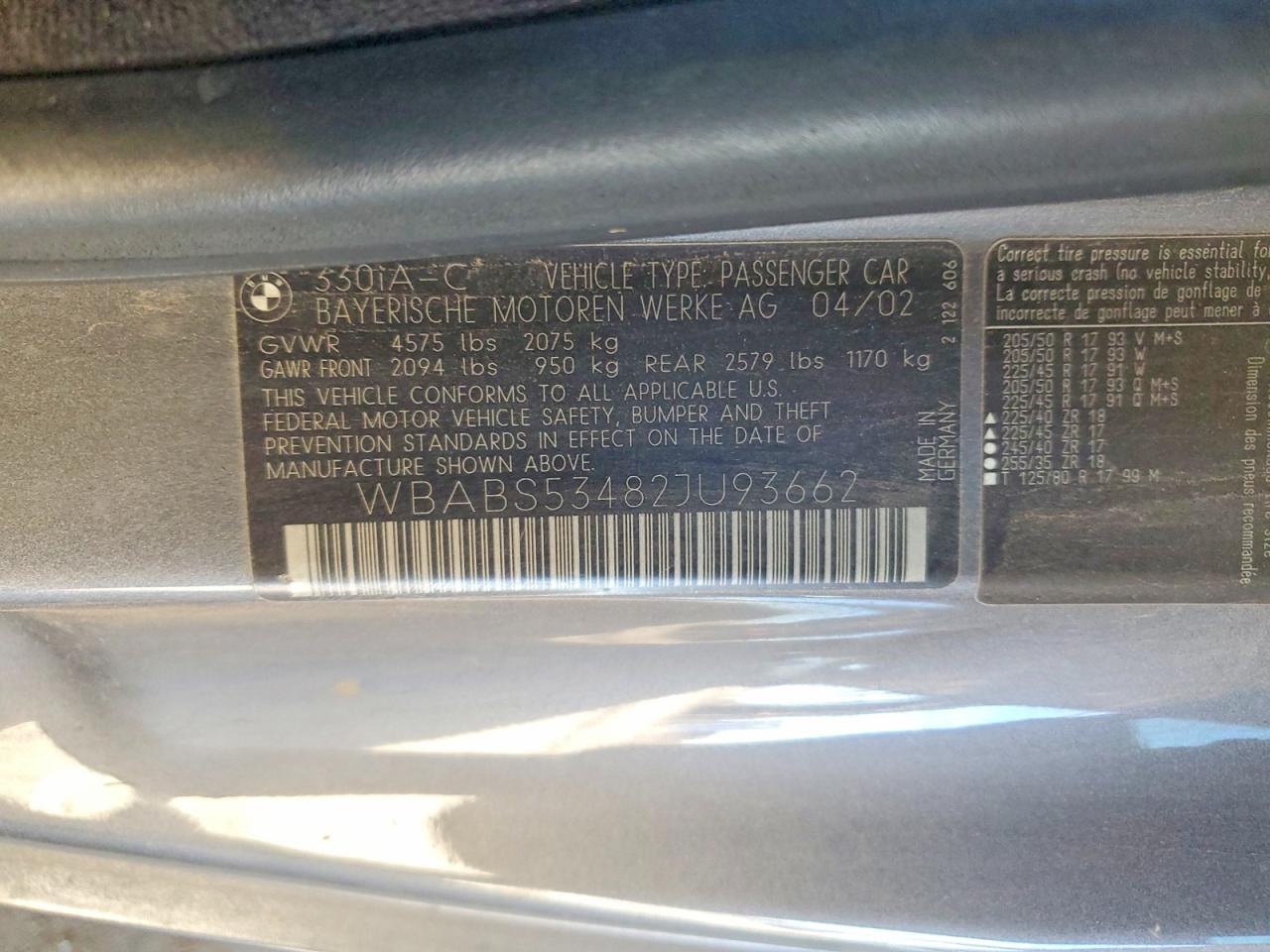 2002 Bmw 330 Ci Gray vin: WBABS53482JU93662