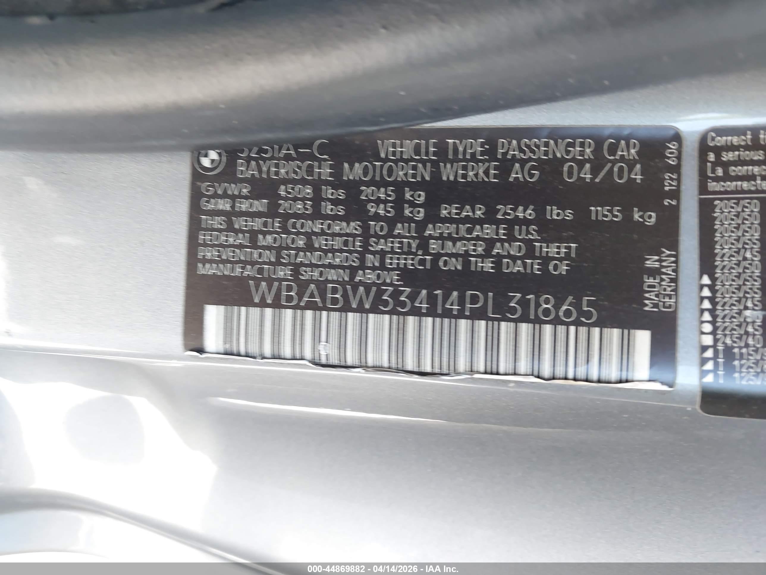 2004 Bmw 325ci   Gray vin: WBABW33414PL31865