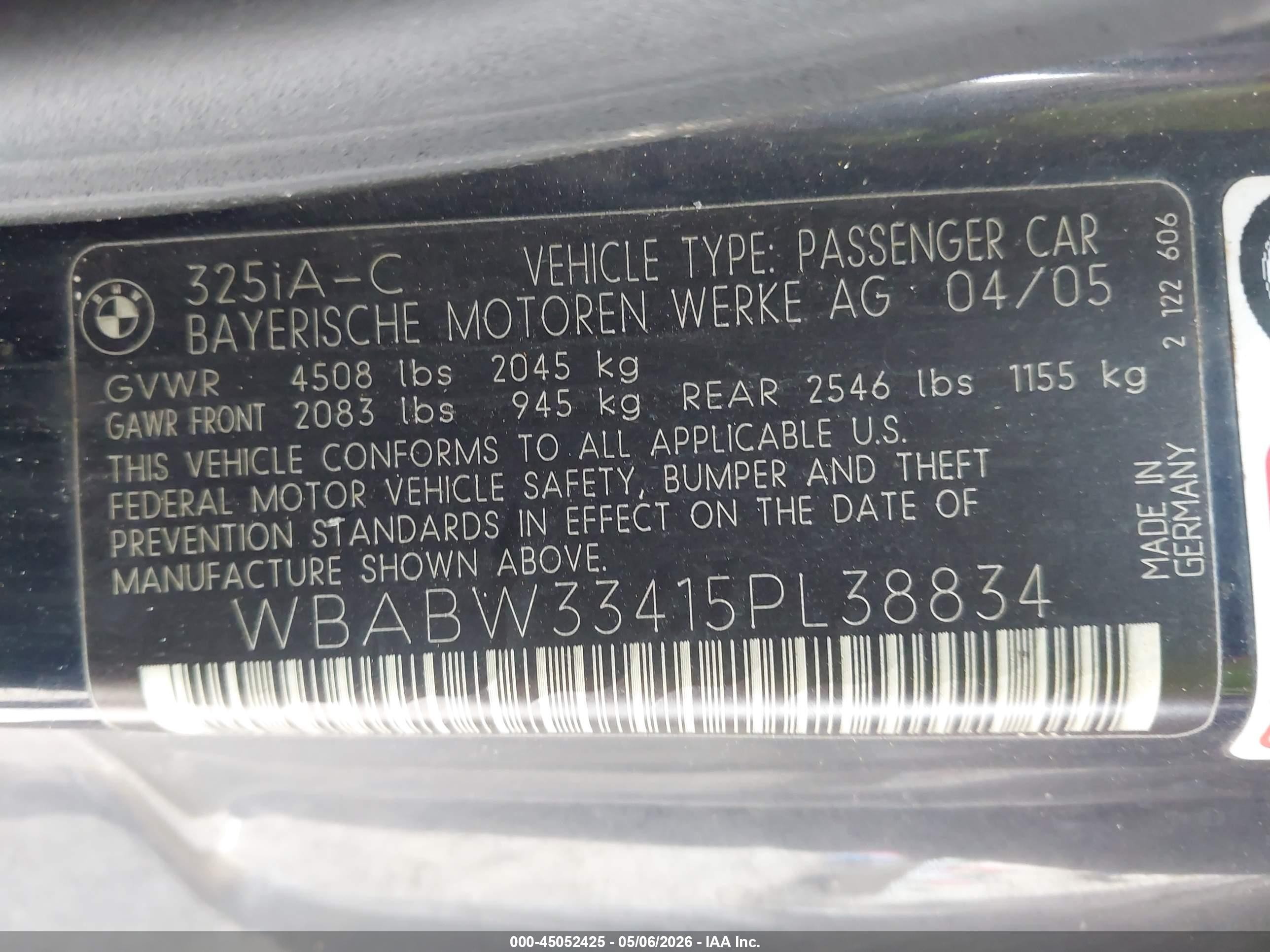 2005 Bmw 325ci   Blue vin: WBABW33415PL38834