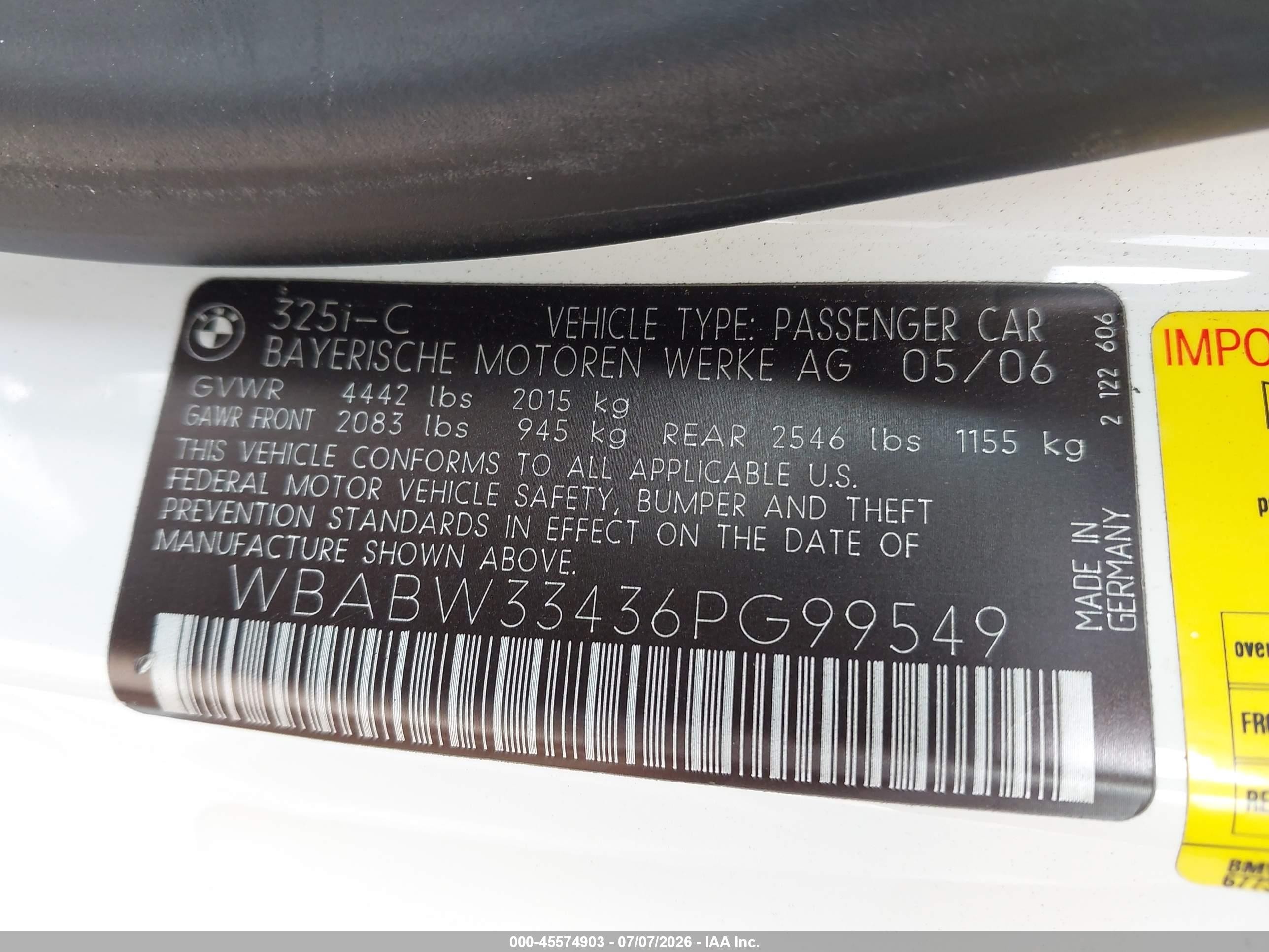 2006 Bmw 325ci White vin: WBABW33436PG99549