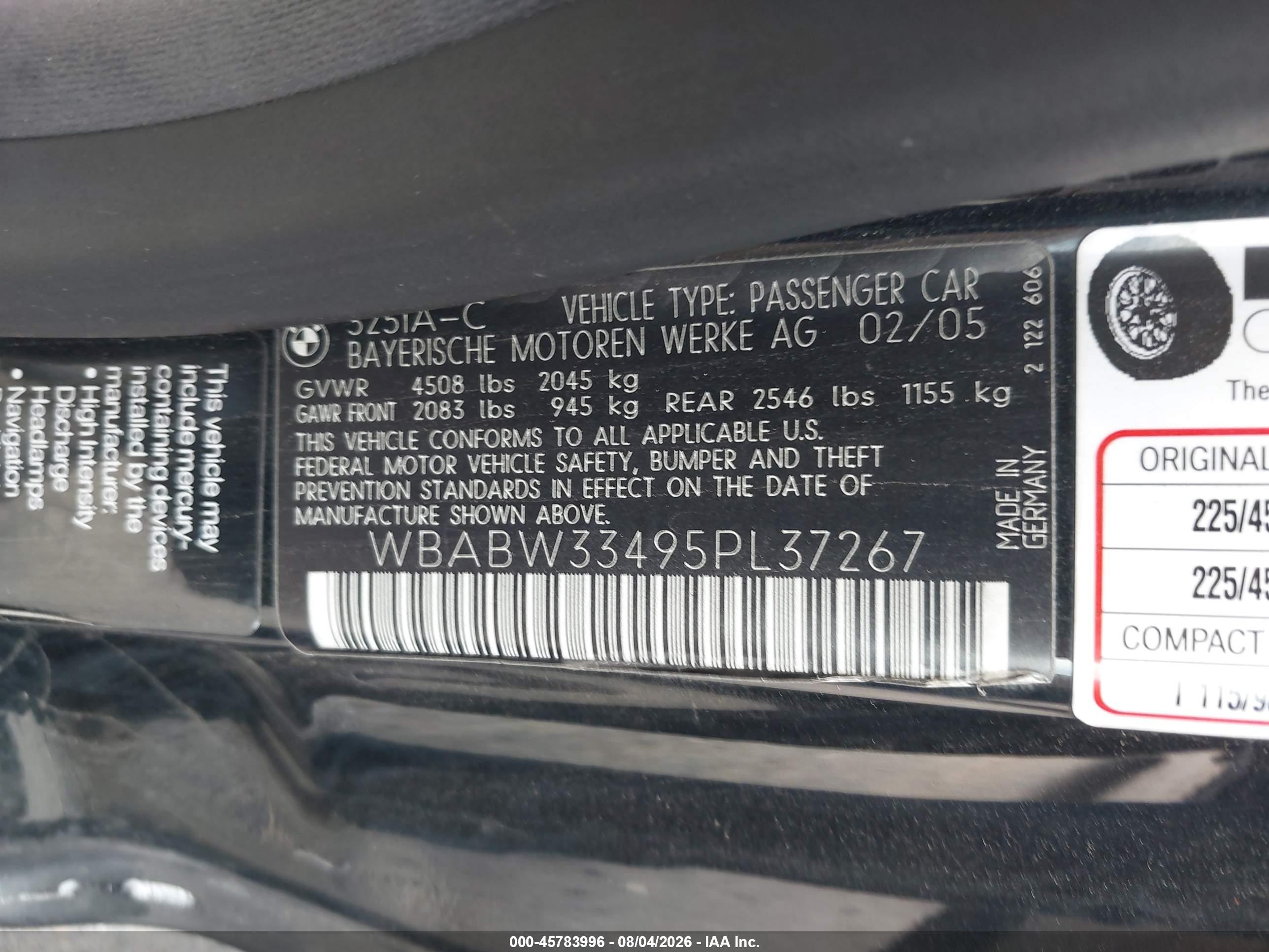 2005 Bmw 325ci   Black vin: WBABW33495PL37267