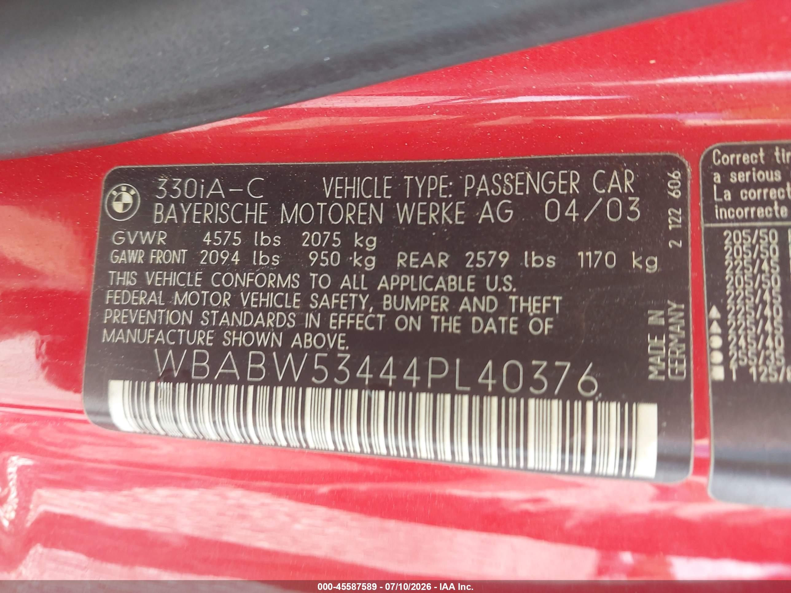 2004 Bmw 330ci   Red vin: WBABW53444PL40376