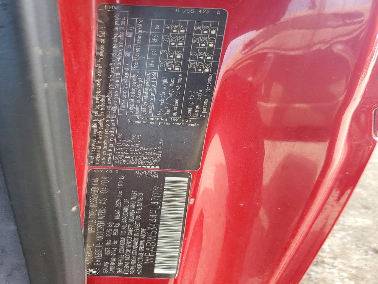 2004 Bmw 330 Ci Red vin: WBABW53444PL47019