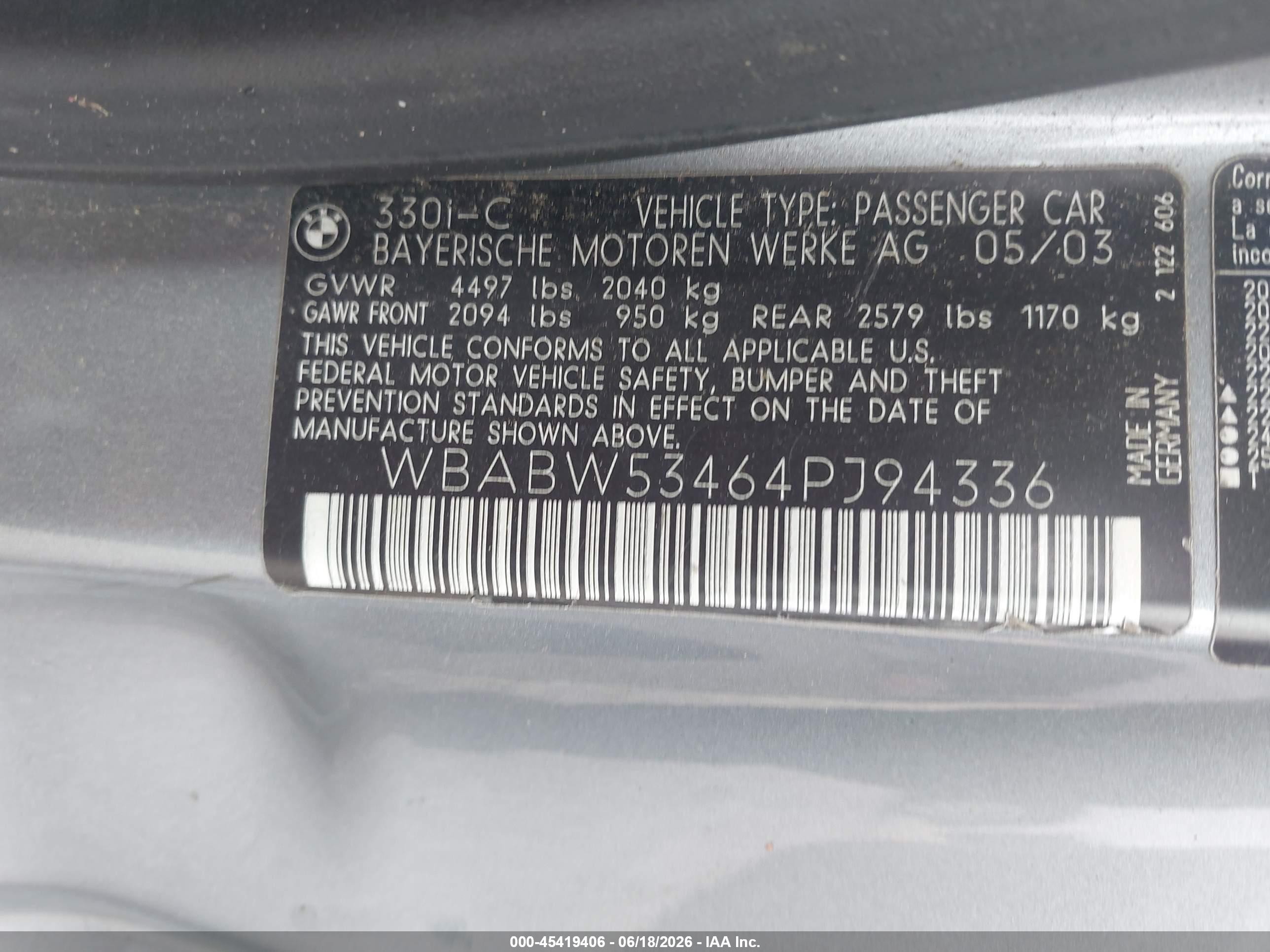 2004 Bmw 330ci   Light Blue vin: WBABW53464PJ94336