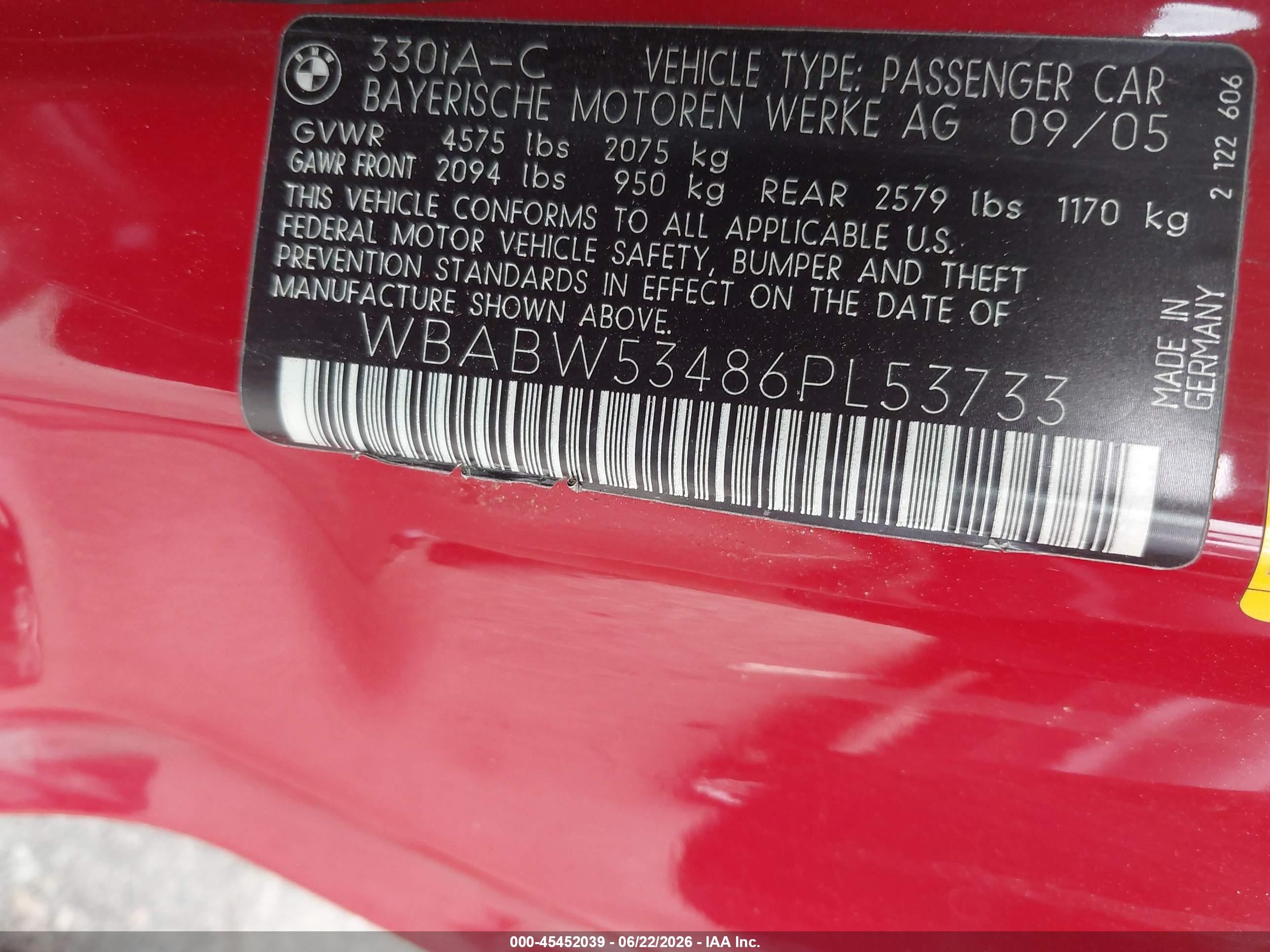 2006 Bmw 330ci   Red vin: WBABW53486PL53733