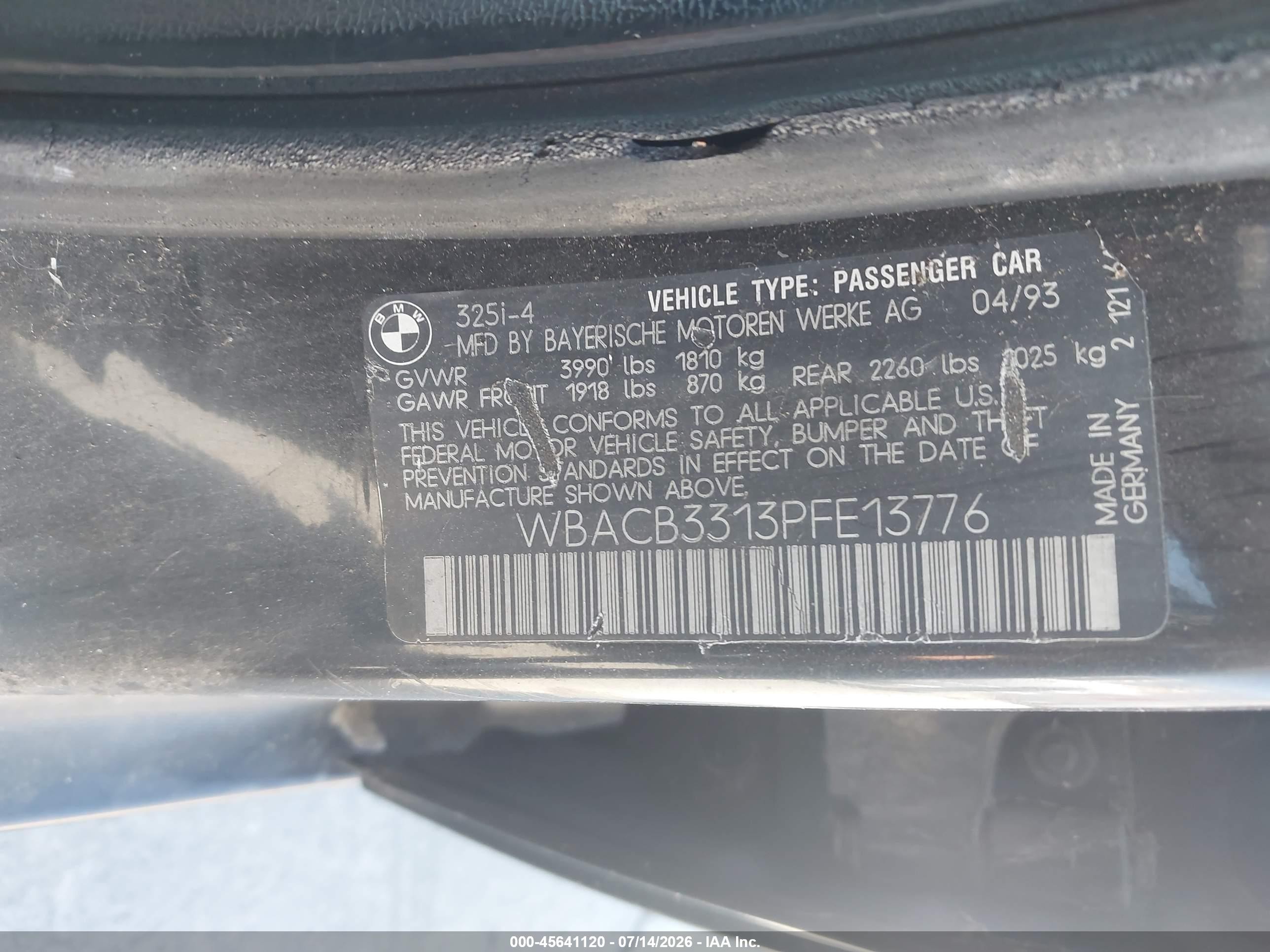 1993 Bmw 325 I Black vin: WBACB3313PFE13776