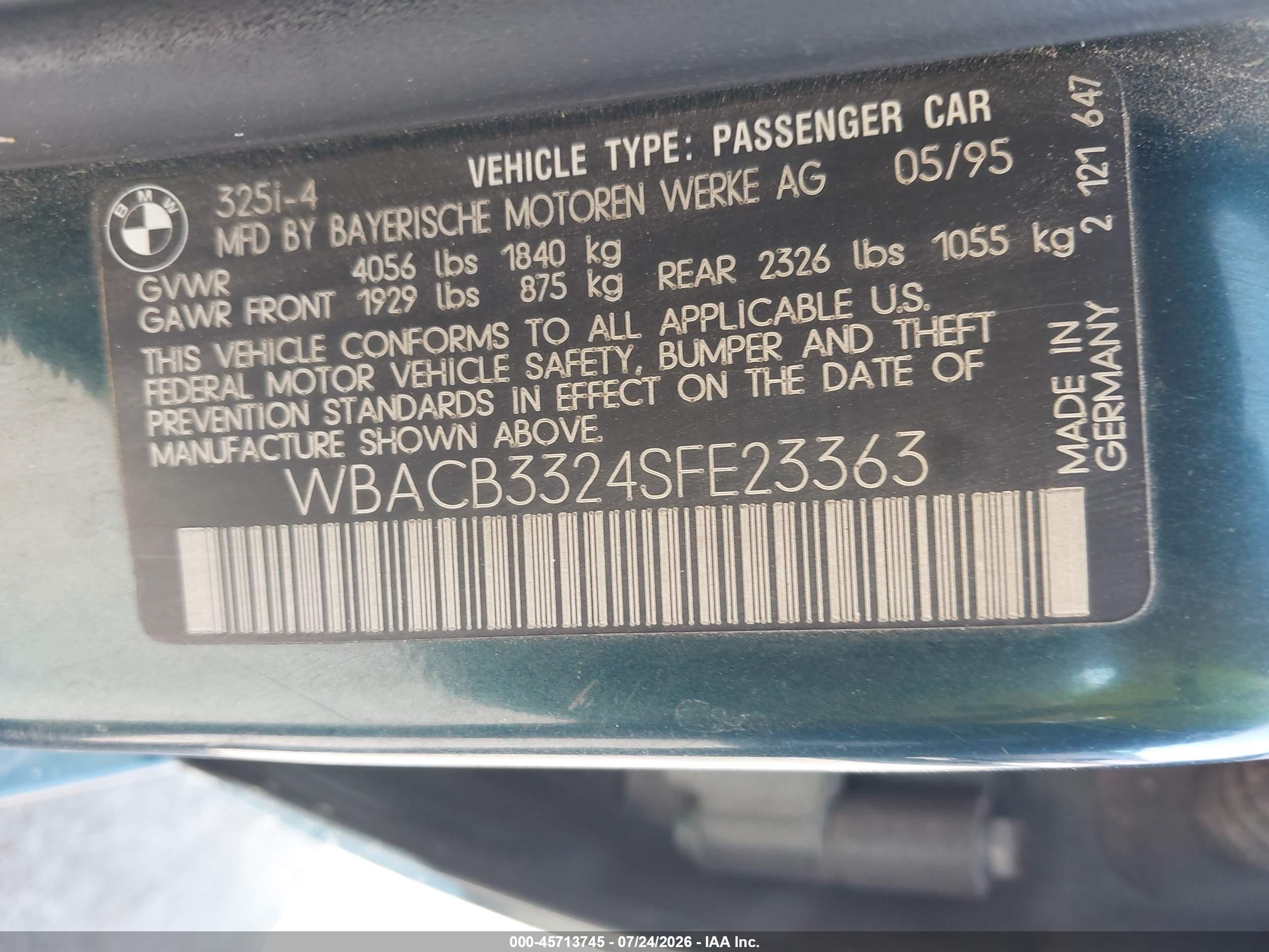 1995 Bmw 325 I Green vin: WBACB3324SFE23363