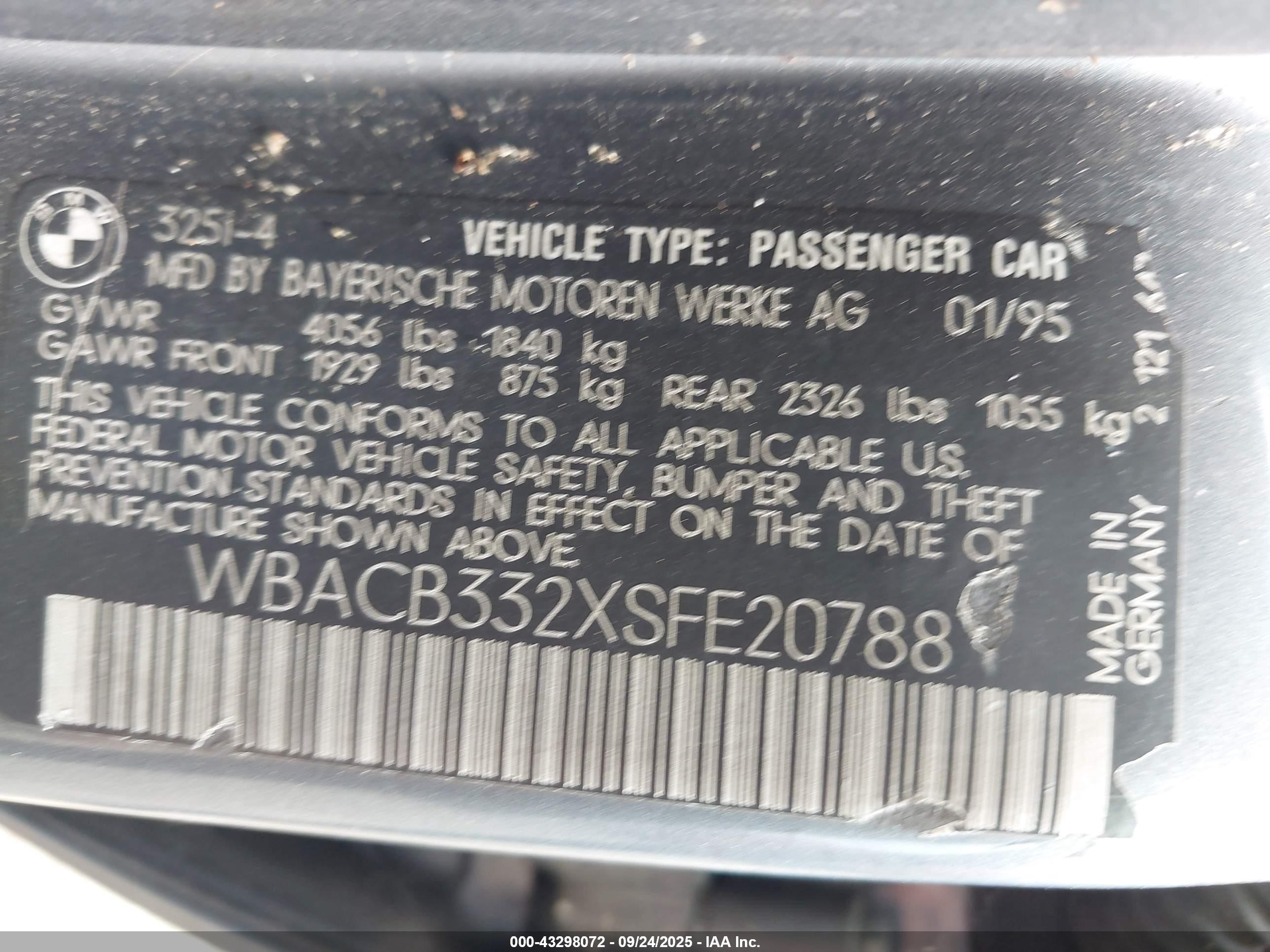 1995 Bmw 325 I Blue vin: WBACB332XSFE20788