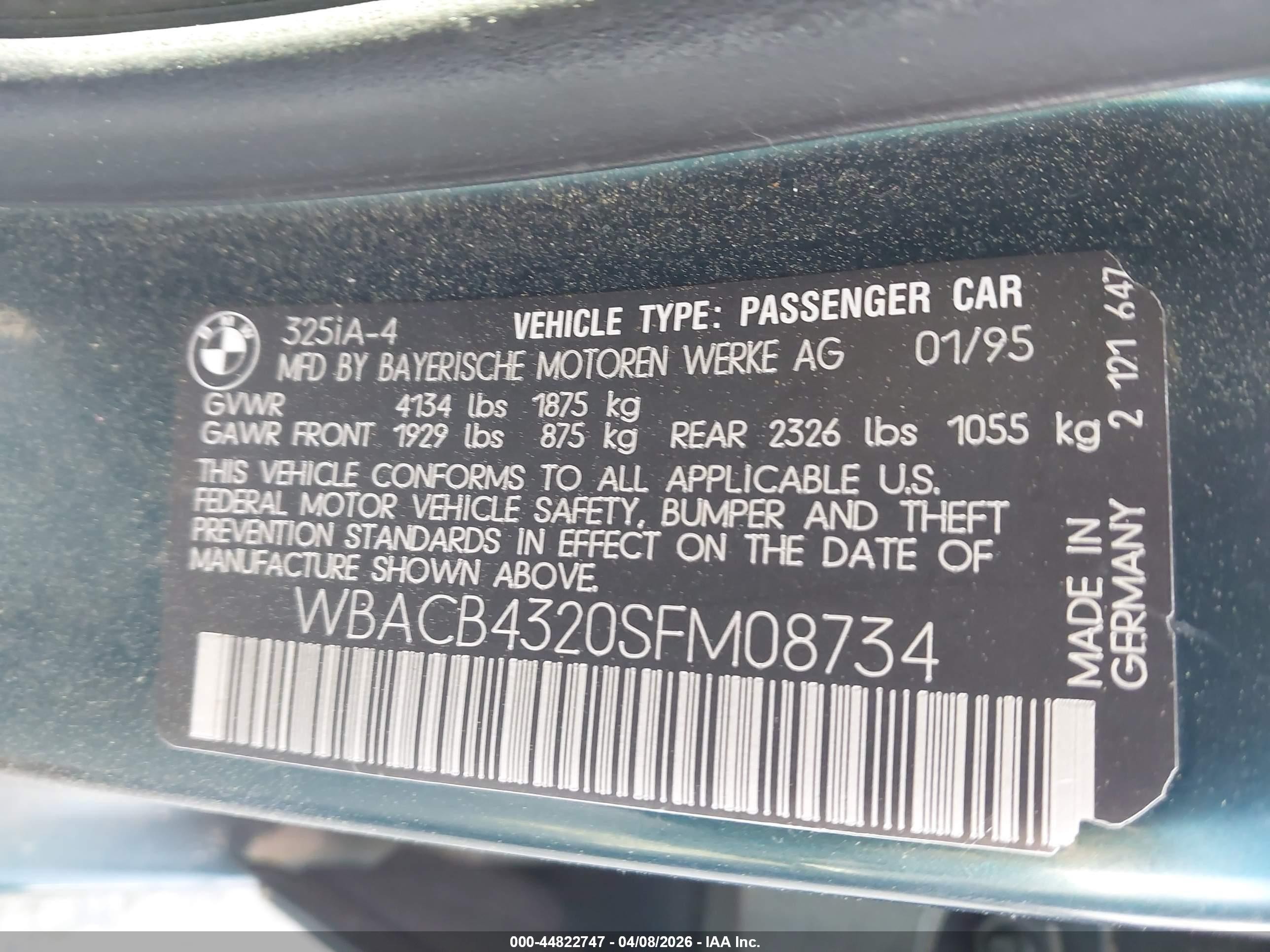 1995 Bmw 325 I Automatic Green vin: WBACB4320SFM08734