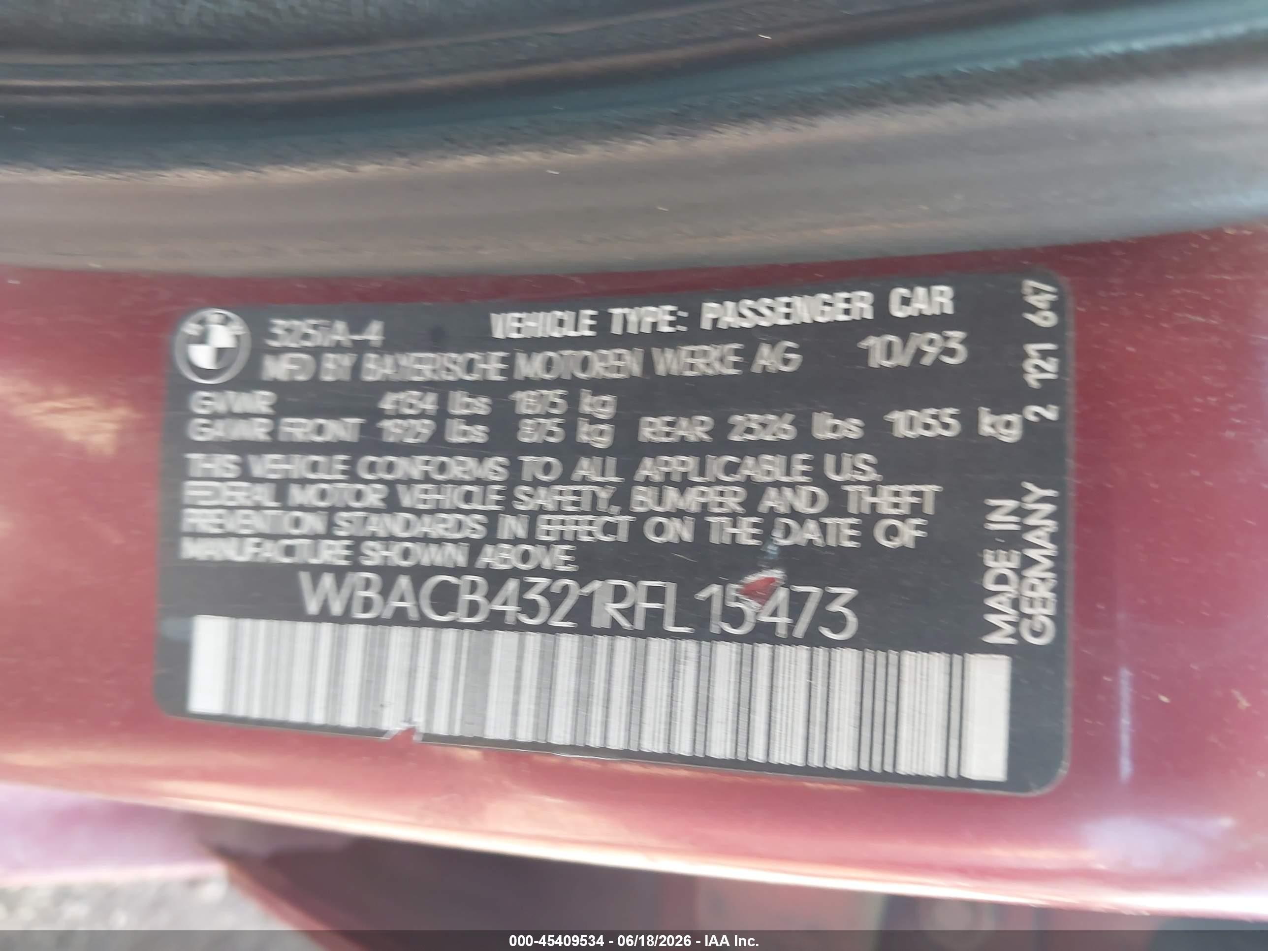 1994 Bmw 325 I Automatic Red vin: WBACB4321RFL15473