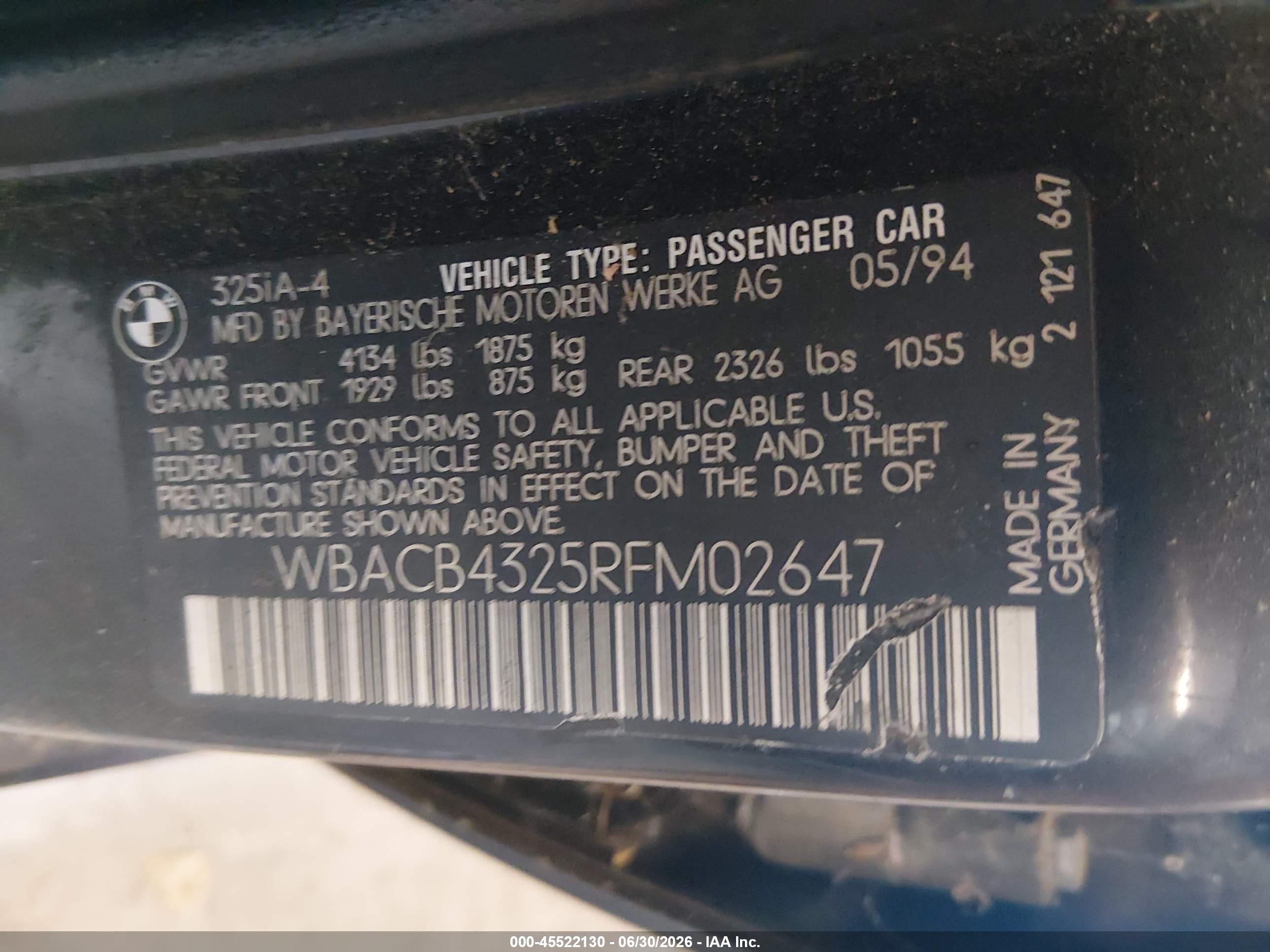 1994 Bmw 325 I Automatic Black vin: WBACB4325RFM02647