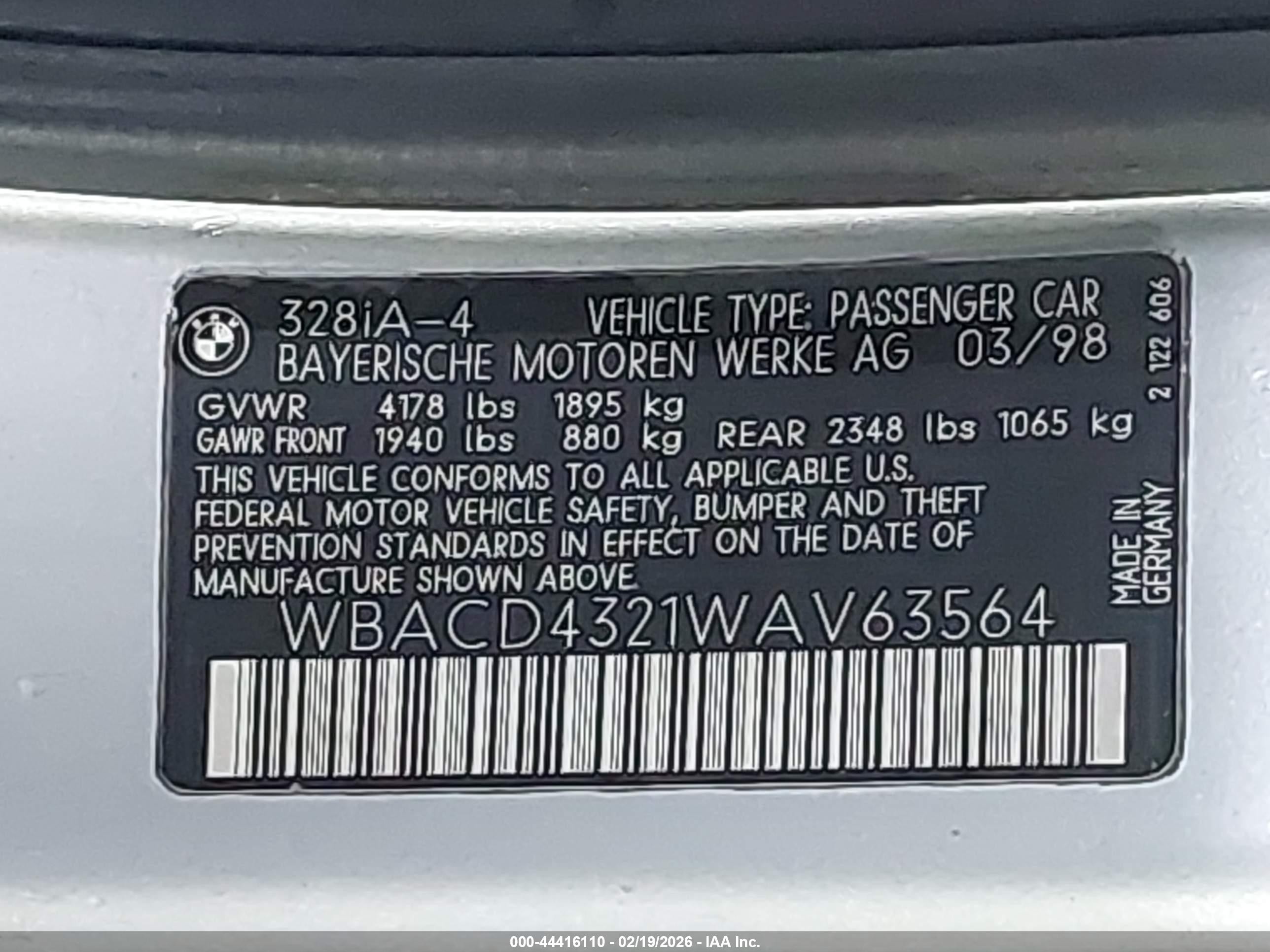 1998 Bmw 328i   Silver vin: WBACD4321WAV63564