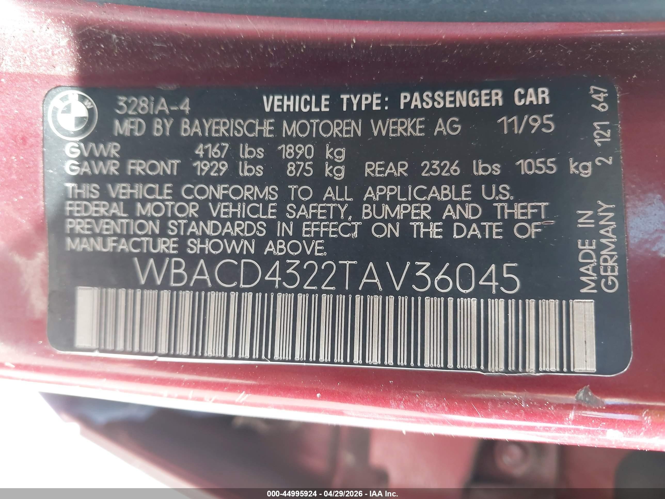 1996 Bmw 328 I Automatic Burgundy vin: WBACD4322TAV36045