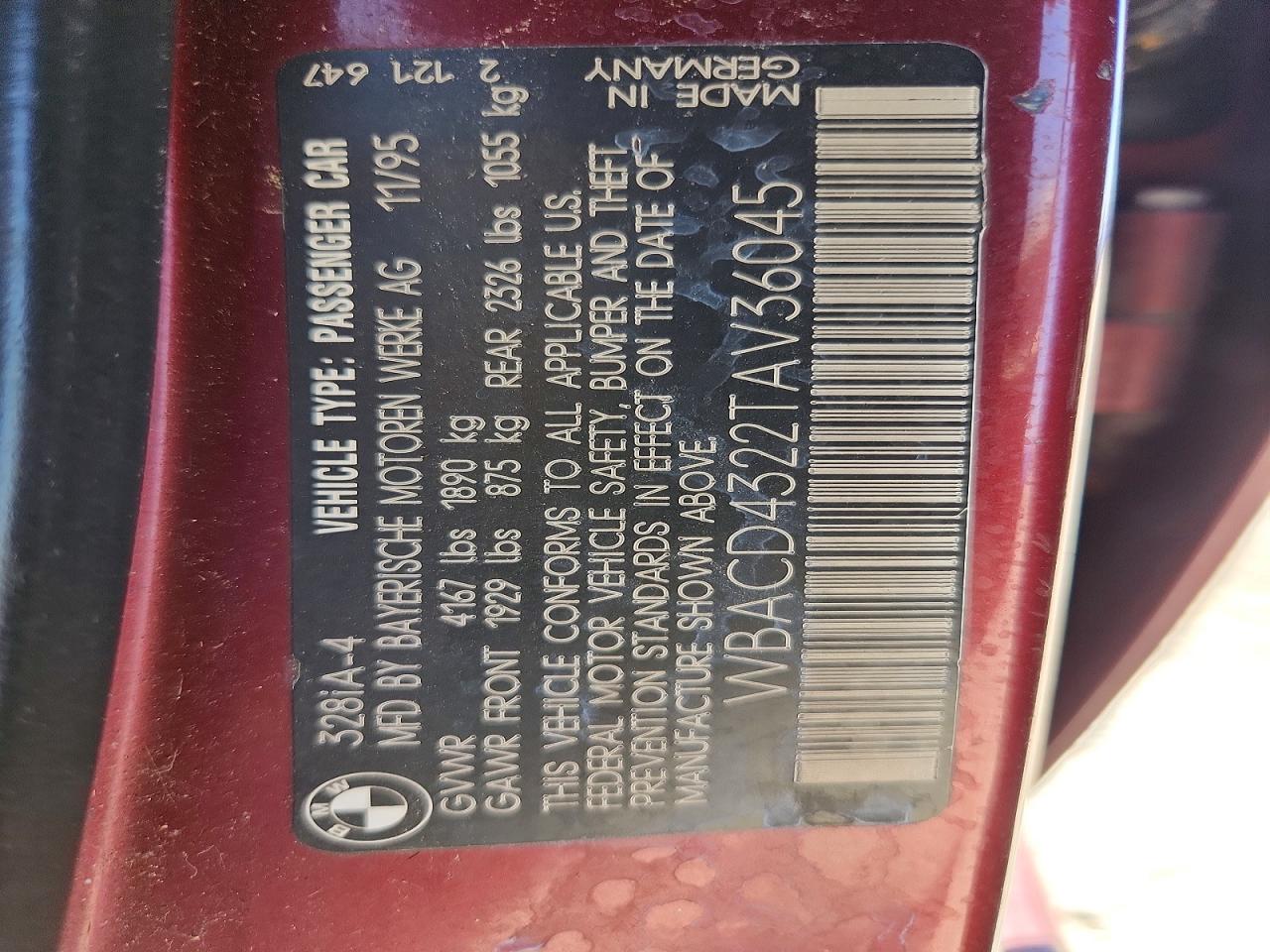 1996 Bmw 328 I Automatic Burgundy vin: WBACD4322TAV36045