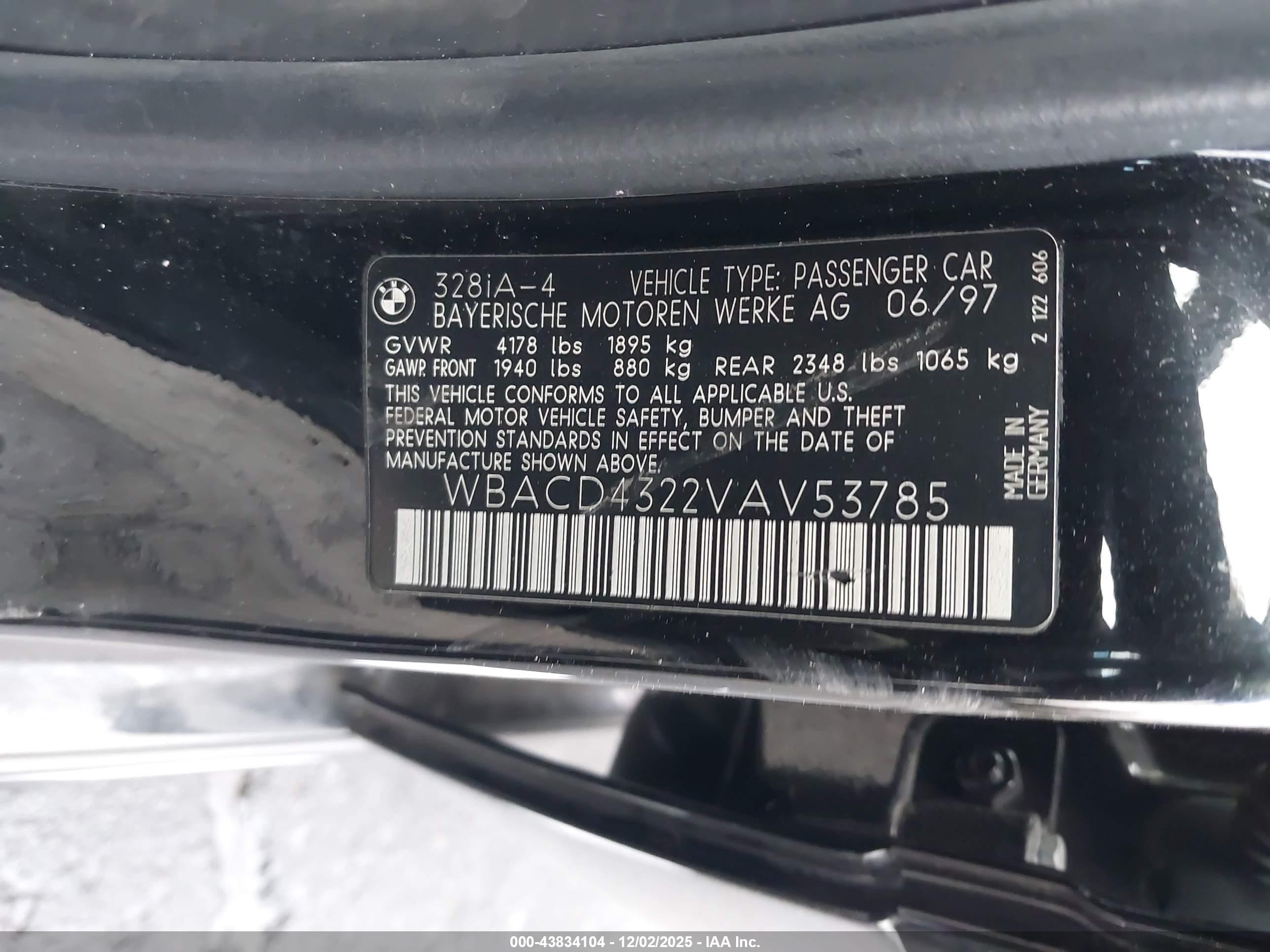 1997 Bmw 328i   Black vin: WBACD4322VAV53785