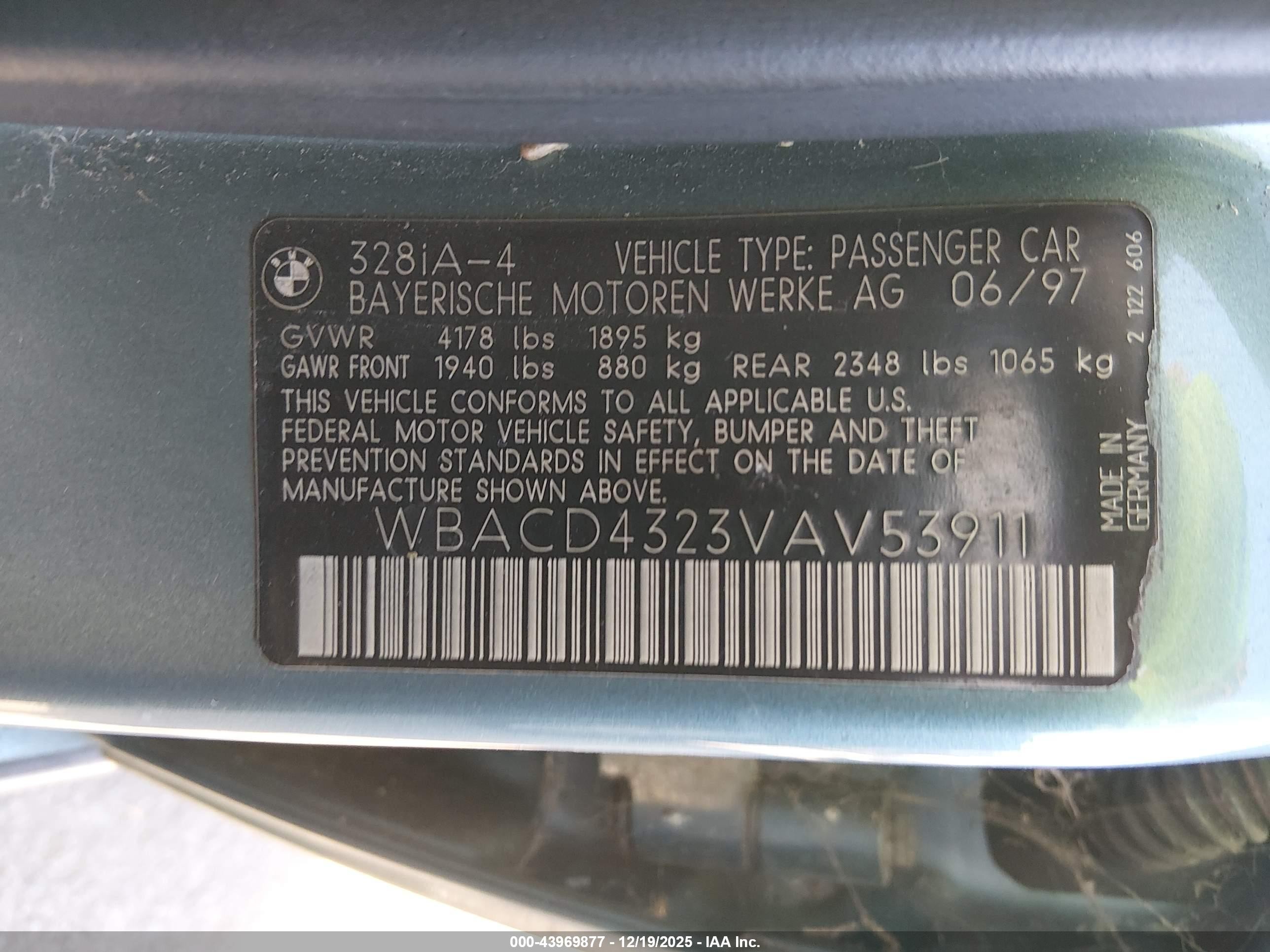 1997 Bmw 328i   Blue vin: WBACD4323VAV53911